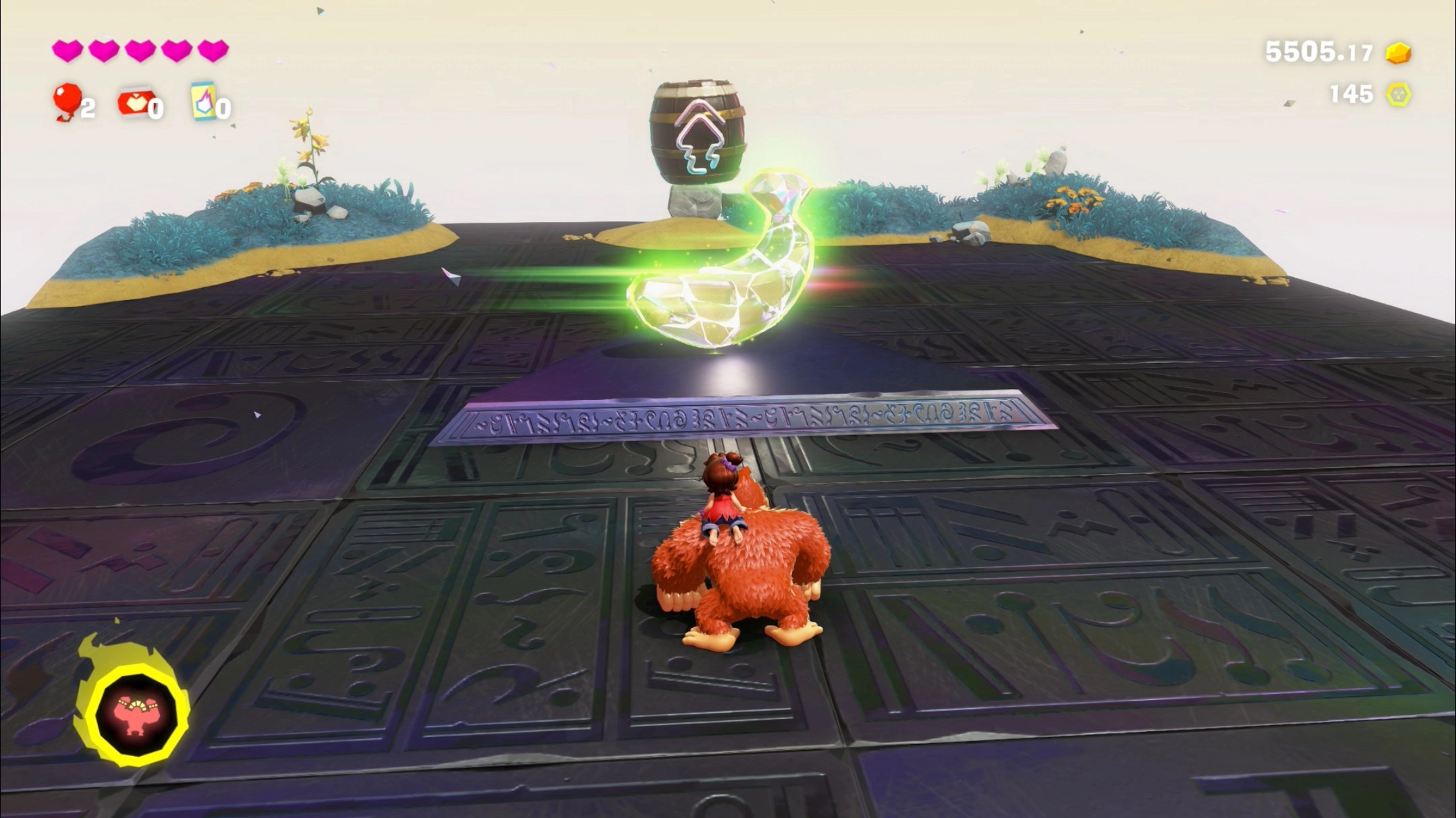 Donkey Kong stands in front of a banandium gem and a barrel in the Hilltop Layer banana location in Donkey Kong Bananza Donkey Kong stands in front of a banandium gem and a barrel in the Hilltop Layer banana location in Donkey Kong Bananza