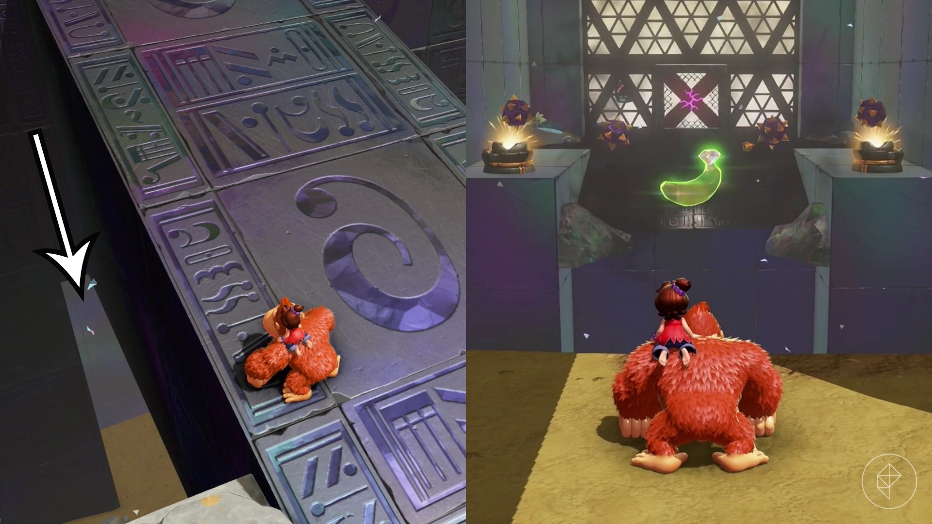 Donkey Kong stands on a ramp and looks at a banandium gem in a split image that also shows where to find banana in Hilltop Layer in Donkey Kong Bananza Donkey Kong stands on a ramp and looks at a banandium gem in a split image that also shows where to find banana in Hilltop Layer in Donkey Kong Bananza