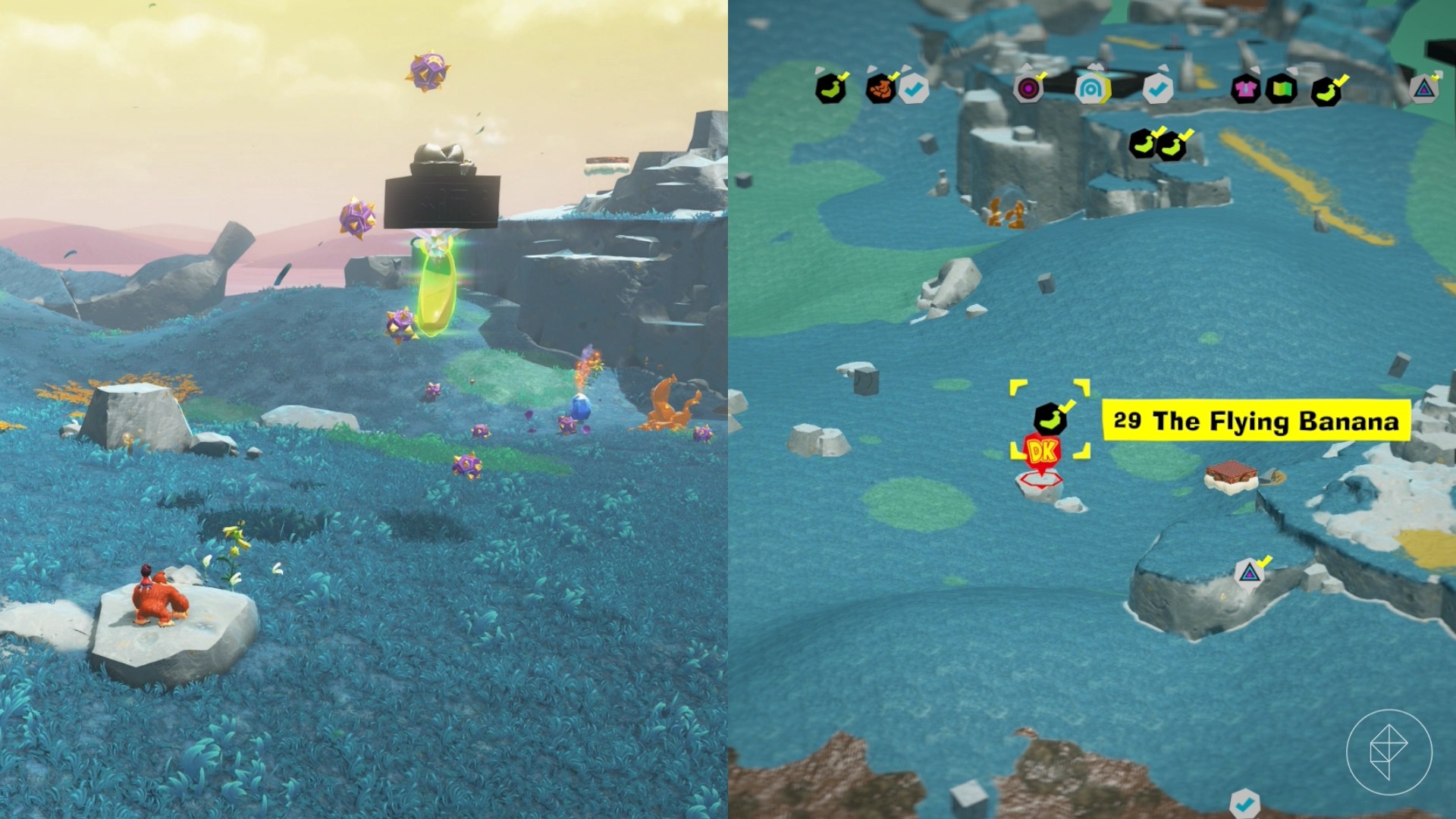 Donkey Kong assesses a grassy field full of enemies in a split image that also shows a map of a Hilltop Layer banana location in Donkey Kong Bananza Donkey Kong assesses a grassy field full of enemies in a split image that also shows a map of a Hilltop Layer banana location in Donkey Kong Bananza