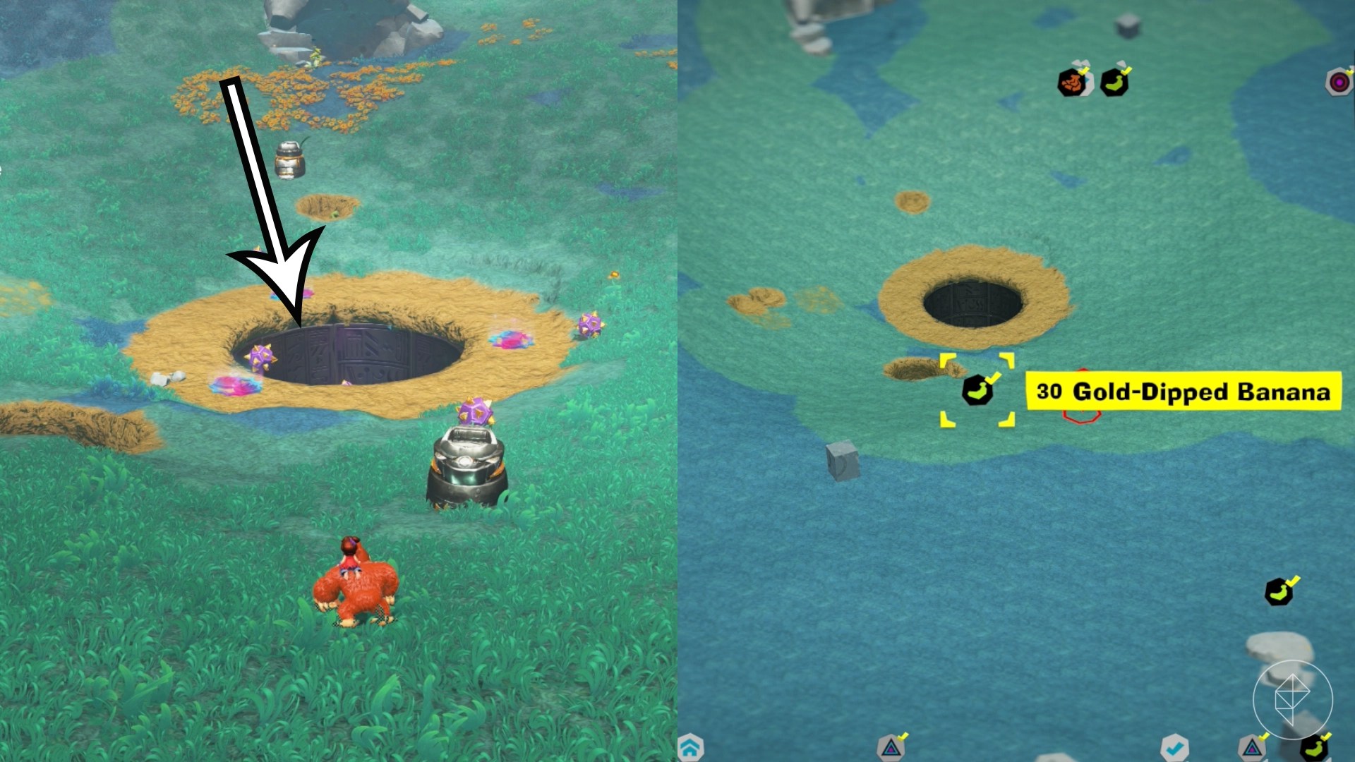 Donkey Kong stands near a giant hole in a field in a split image that also shows a map of a Hilltop Layer banana location in Donkey Kong Bananza Donkey Kong stands near a giant hole in a field in a split image that also shows a map of a Hilltop Layer banana location in Donkey Kong Bananza