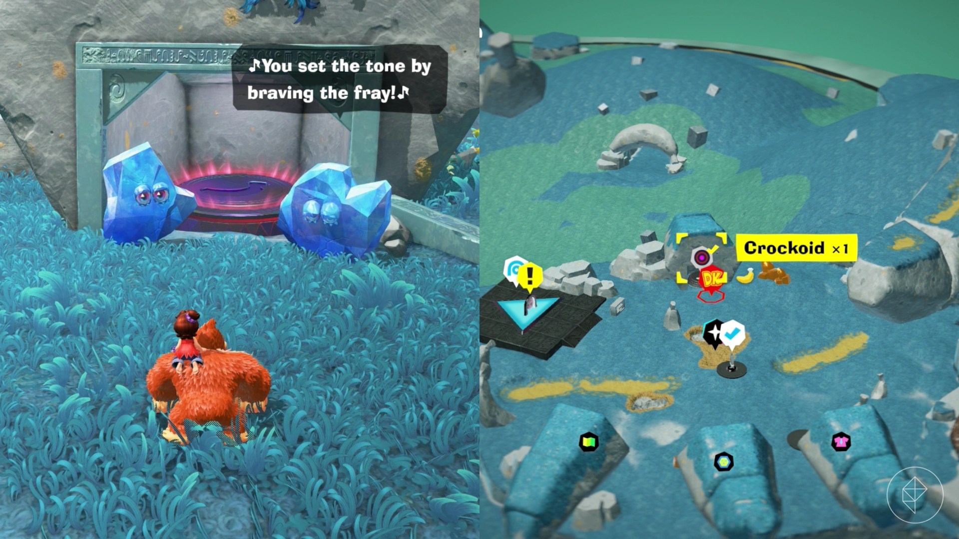 Donkey Kong stands next to two fragmentones next to a cliff face while finding Hilltop Layer bananas in Donkey Kong Bananza Donkey Kong stands next to two fragmentones next to a cliff face while finding Hilltop Layer bananas in Donkey Kong Bananza