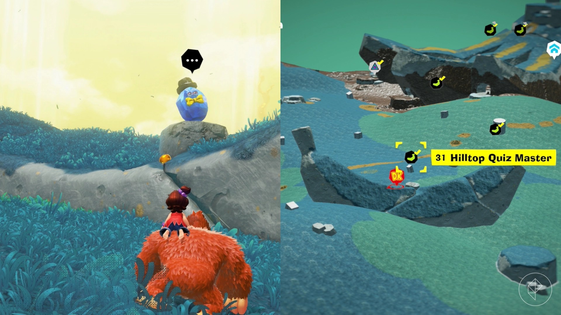 Donkey Kong looks at a big blue bird and answers it question in a split image that also shows a map of a Hilltop Layer banana location in Donkey Kong Bananza Donkey Kong looks at a big blue bird and answers it question in a split image that also shows a map of a Hilltop Layer banana location in Donkey Kong Bananza