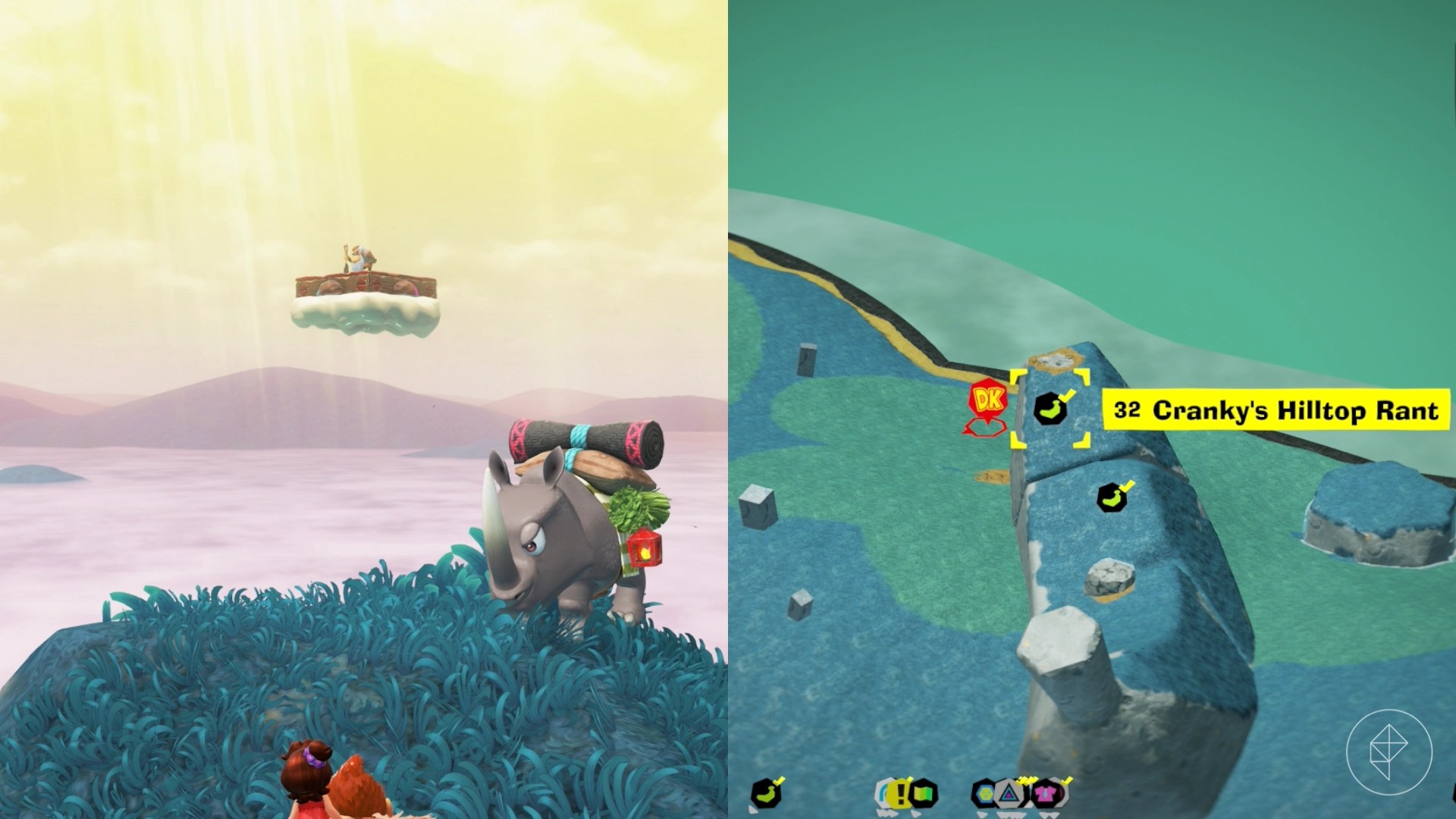 Donkey Kong stands near a rhino in a field in a split image that also shows a map of a Hilltop Layer banana location in Donkey Kong Bananza Donkey Kong stands near a rhino in a field in a split image that also shows a map of a Hilltop Layer banana location in Donkey Kong Bananza