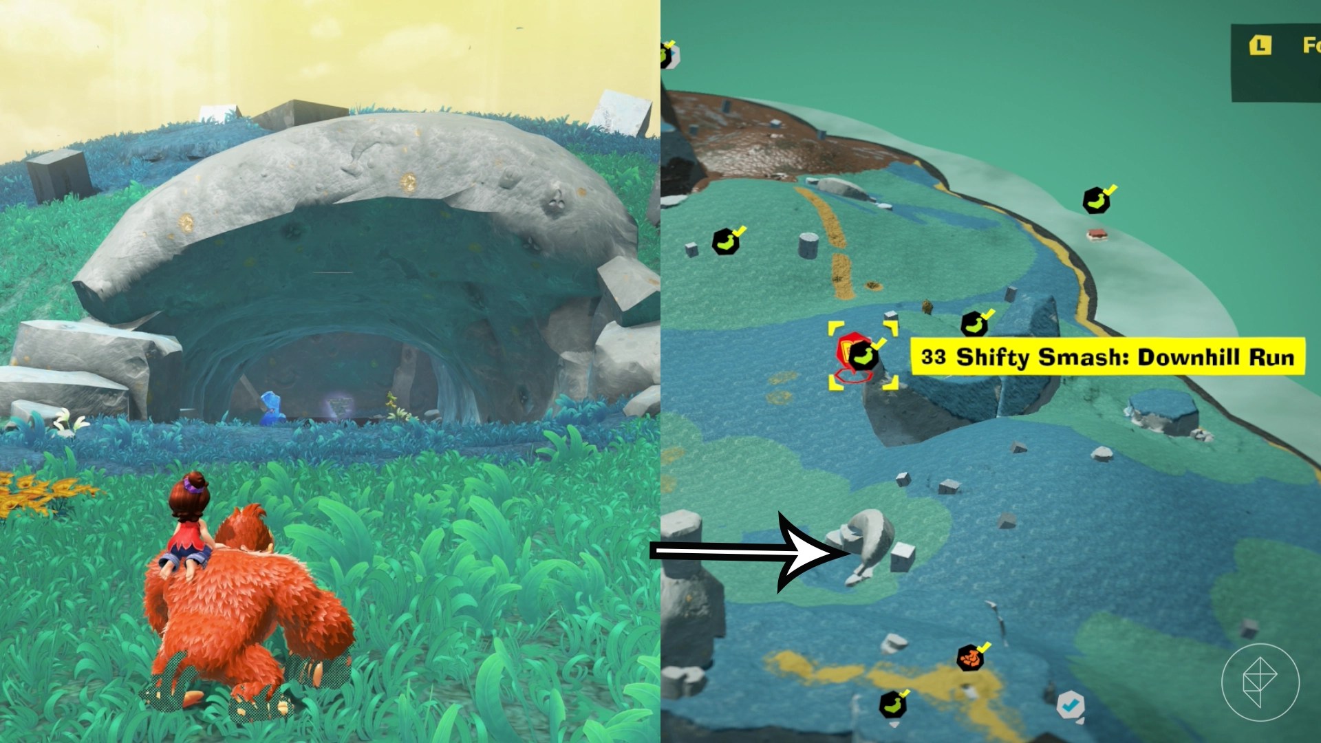 Donkey Kong stands outside a cave that leads to a tunnel in a split image that also shows a map of a Hilltop Layer banana location in Donkey Kong Bananza Donkey Kong stands outside a cave that leads to a tunnel in a split image that also shows a map of a Hilltop Layer banana location in Donkey Kong Bananza