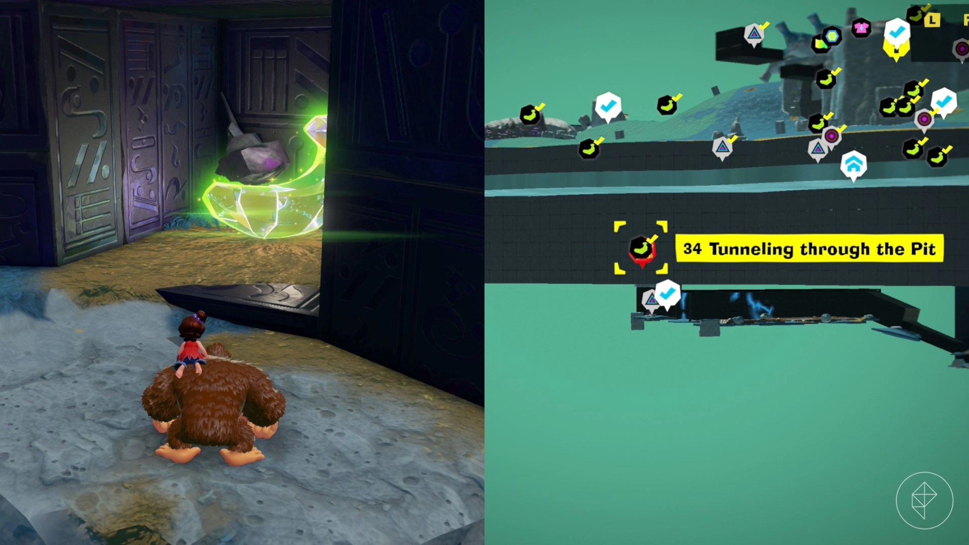 Donkey Kong stands next to a banandium gem in a split image that also shows a map of a Hilltop Layer banana location in Donkey Kong Bananza Donkey Kong stands next to a banandium gem in a split image that also shows a map of a Hilltop Layer banana location in Donkey Kong Bananza