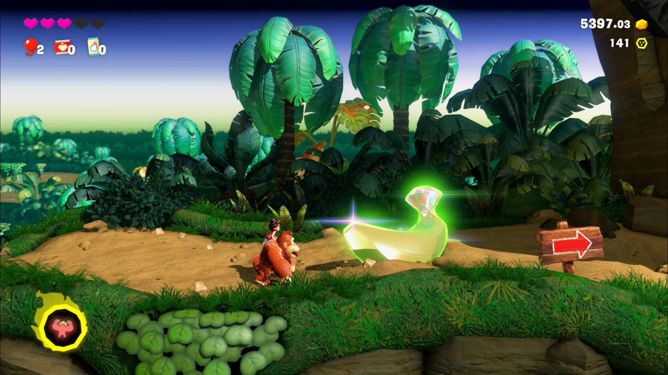 Donkey Kong stands next to a banandium gem in side-scrolling view in the Hilltop Layer banana location in Donkey Kong Bananza Donkey Kong stands next to a banandium gem in side-scrolling view in the Hilltop Layer banana location in Donkey Kong Bananza