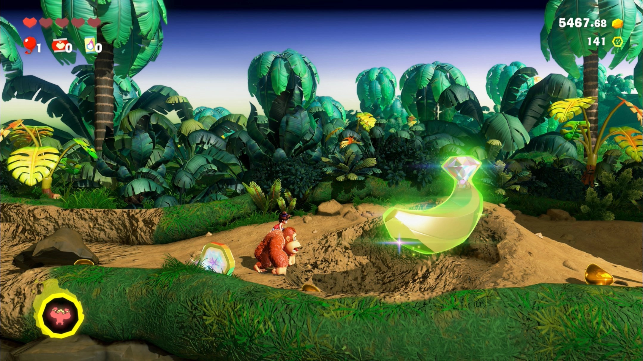 Donkey Kong stands next to a banandium gem in side-scrolling view in the Hilltop Layer banana location in Donkey Kong Bananza Donkey Kong stands next to a banandium gem in side-scrolling view in the Hilltop Layer banana location in Donkey Kong Bananza