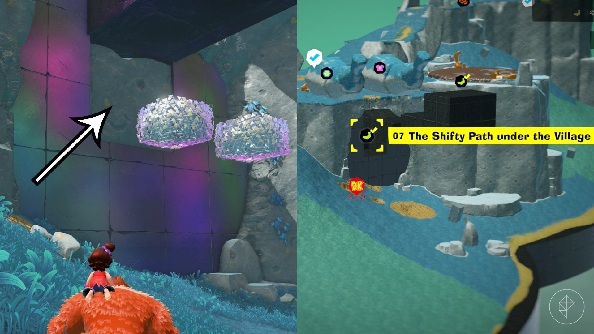 Donkey Kong walks beneath floating platforms in a split image that also shows a map of a Hilltop Layer banana location in Donkey Kong Bananza Donkey Kong walks beneath floating platforms in a split image that also shows a map of a Hilltop Layer banana location in Donkey Kong Bananza