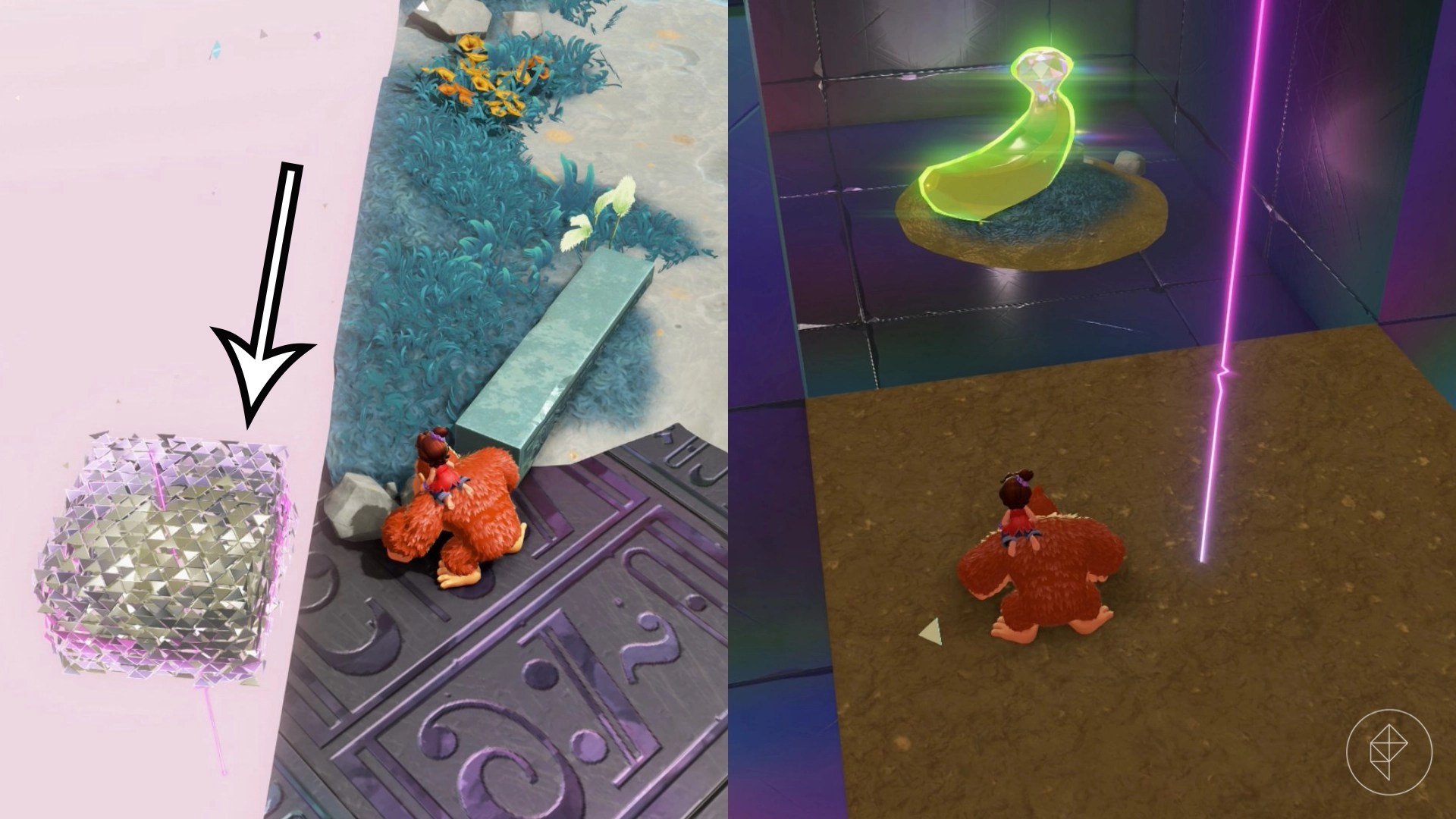 Donkey Kong looks over the side of a cliff and stares at a floating silver platform in a split image that also shows him standing next to a Hilltop Layer banana location in Donkey Kong Bananza Donkey Kong looks over the side of a cliff and stares at a floating silver platform in a split image that also shows him standing next to a Hilltop Layer banana location in Donkey Kong Bananza