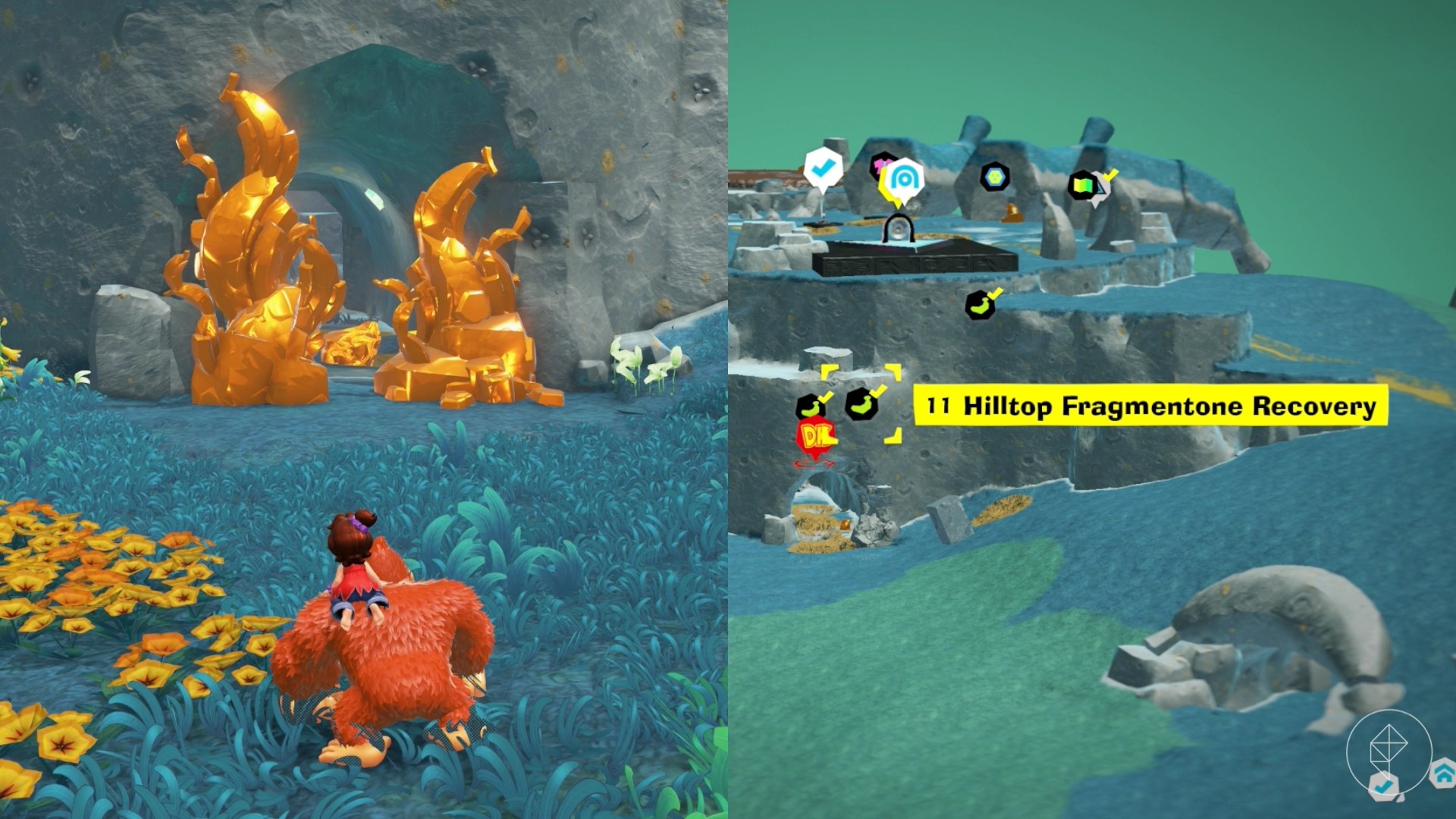 Donkey Kong toward two gold statues next to a tunnel in a cliff in a split image that also shows a map of a Hilltop Layer banana location in Donkey Kong Bananza Donkey Kong toward two gold statues next to a tunnel in a cliff in a split image that also shows a map of a Hilltop Layer banana location in Donkey Kong Bananza