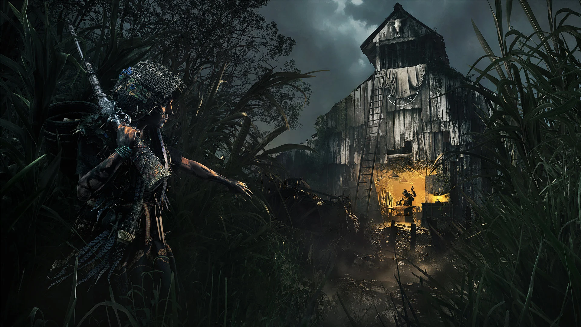 A female hunter wearing heavy camouflage with a rifle slung over her shoulder approaches a ramshackle wooden structure in Hunt: Showdown