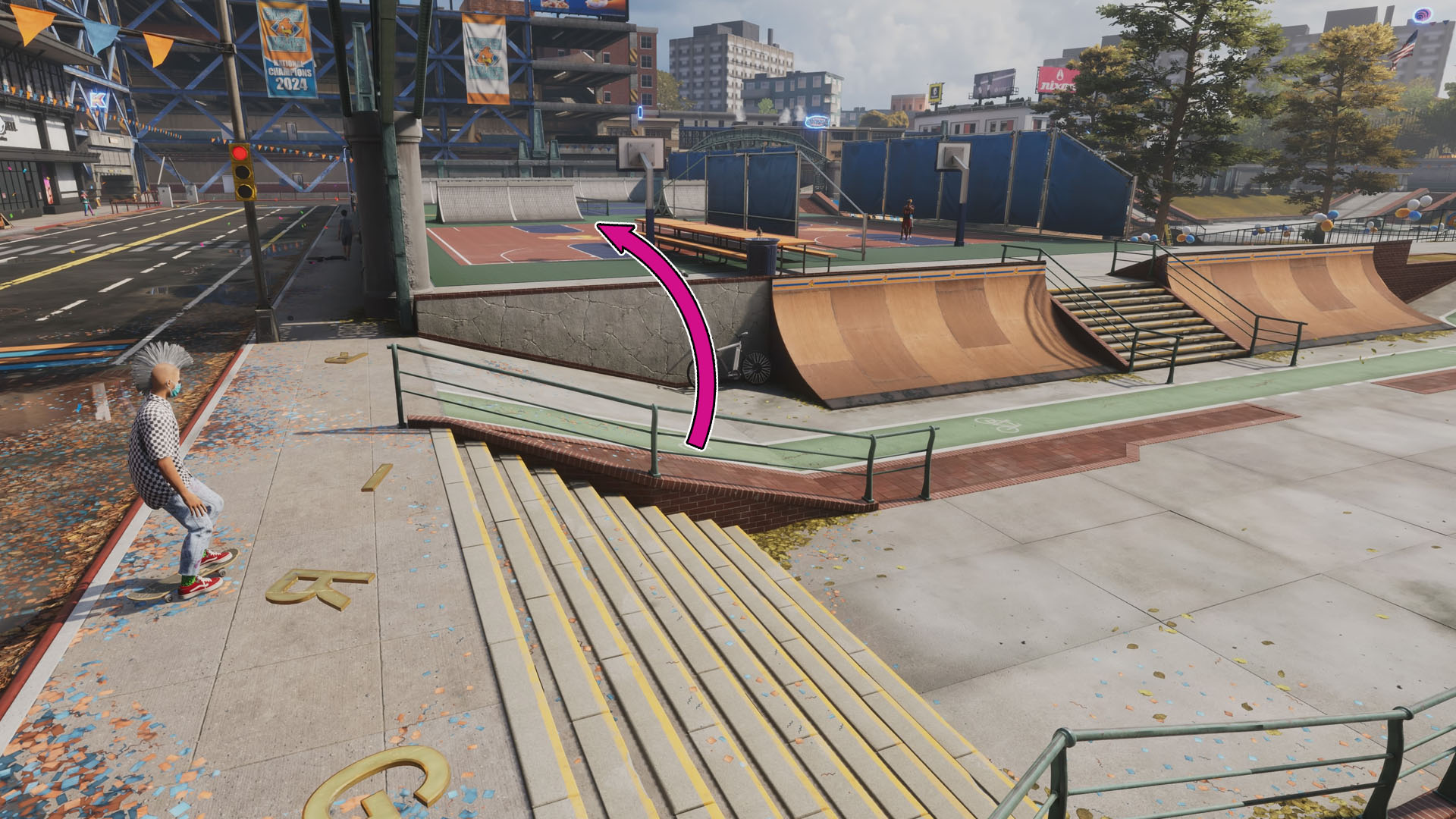A Tony Hawk’s Pro Skater 4 screenshot showing a character facing a skate part and an pink arrow showing a specific section of the map. A Tony Hawk’s Pro Skater 4 screenshot showing a character facing a skate part and an pink arrow showing a specific section of the map.