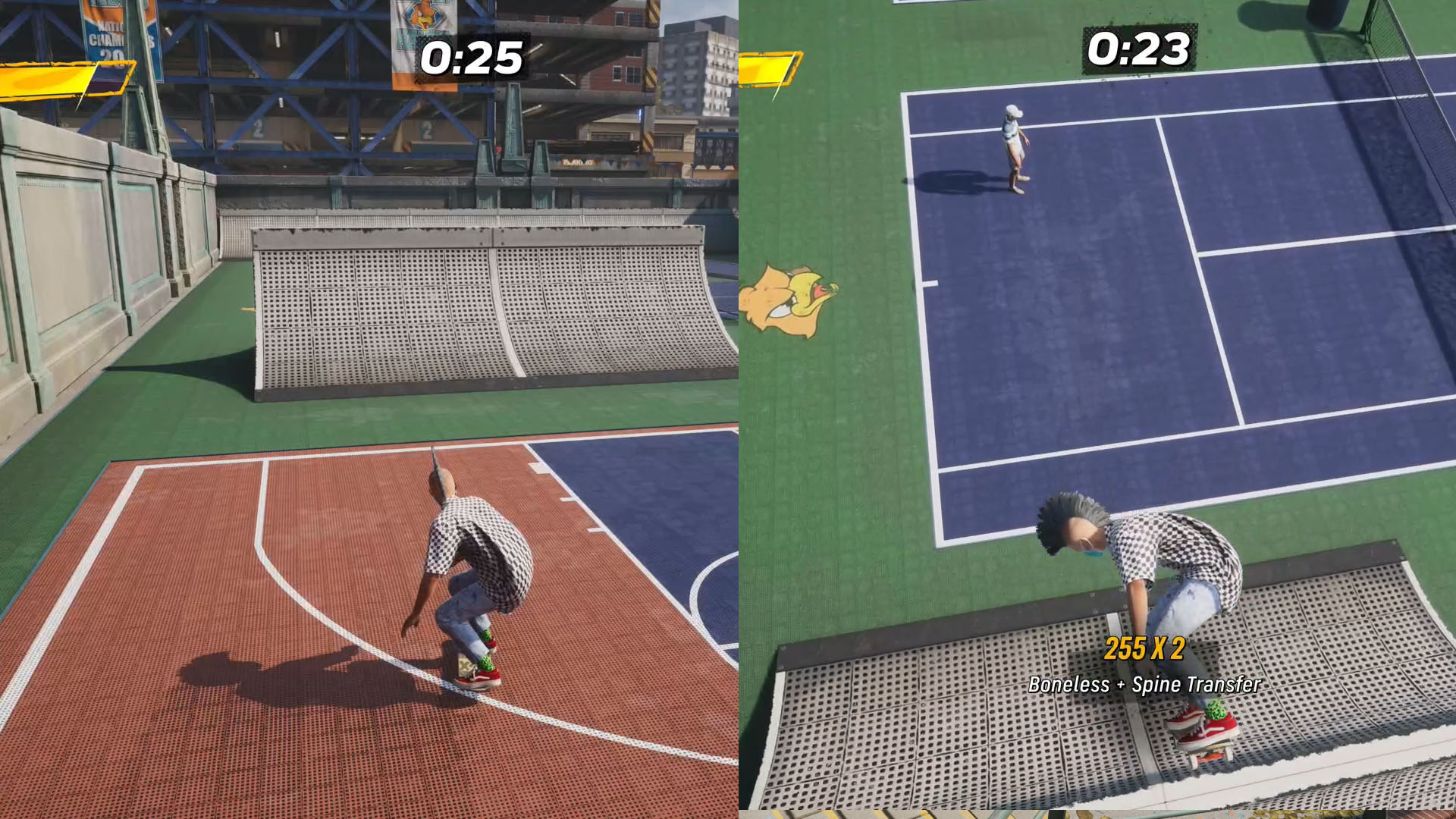 A montage of two Tony Hawk’s Pro Skater 4 screenshots showing the before and during the execution of combo Boneless plus Spine Transfer. A montage of two Tony Hawk’s Pro Skater 4 screenshots showing the before and during the execution of combo Boneless plus Spine Transfer.