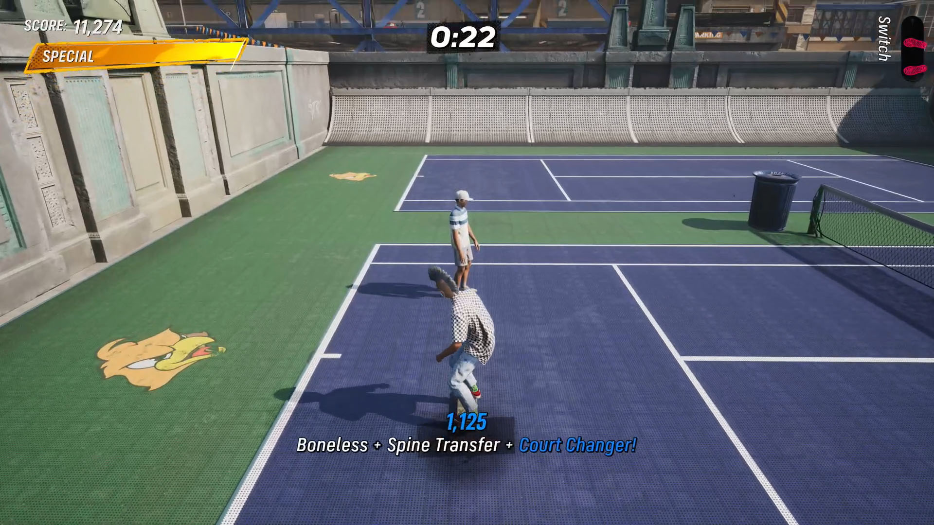 A Tony Hawk’s Pro Skater 4 screenshot showing the final part of the combo that you need to perform to complete the “Boneless spine transfer between the courts” mission. A Tony Hawk’s Pro Skater 4 screenshot showing the final part of the combo that you need to perform to complete the “Boneless spine transfer between the courts” mission.
