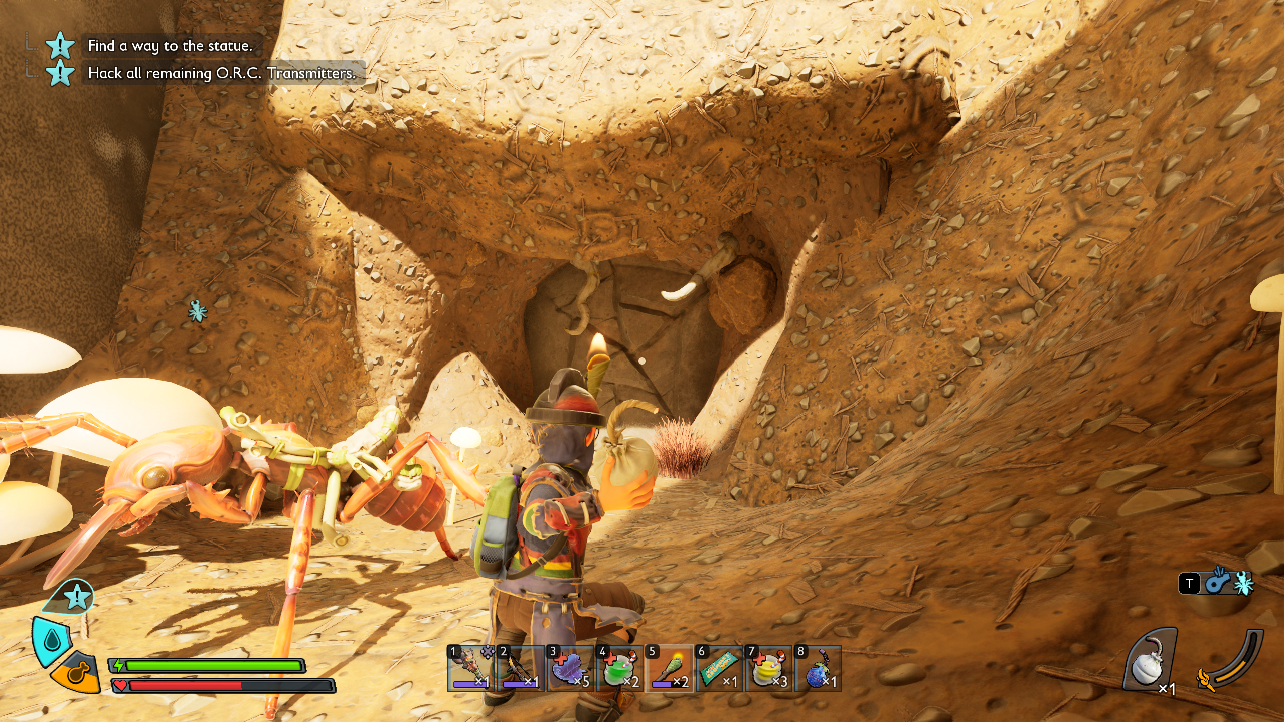 Grounded 2 cracked rocks explosives: A character throwing a Bratburst grenade at cracked rocks blocking the cave entrance ahead.