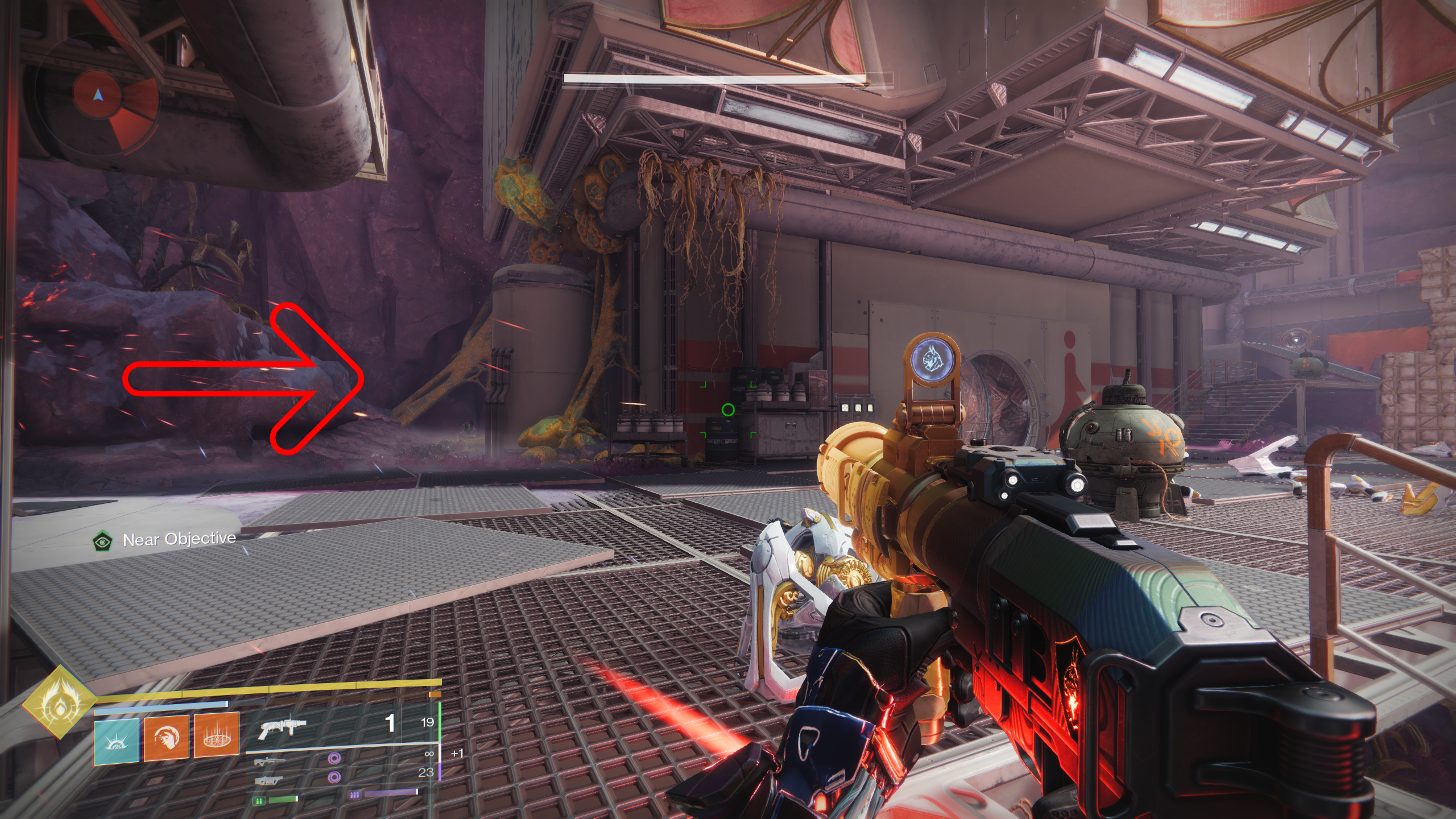 Destiny 2 Vessel of the Nine quest walkthrough: A red arrow points to a rocky nook to the left of a facility.