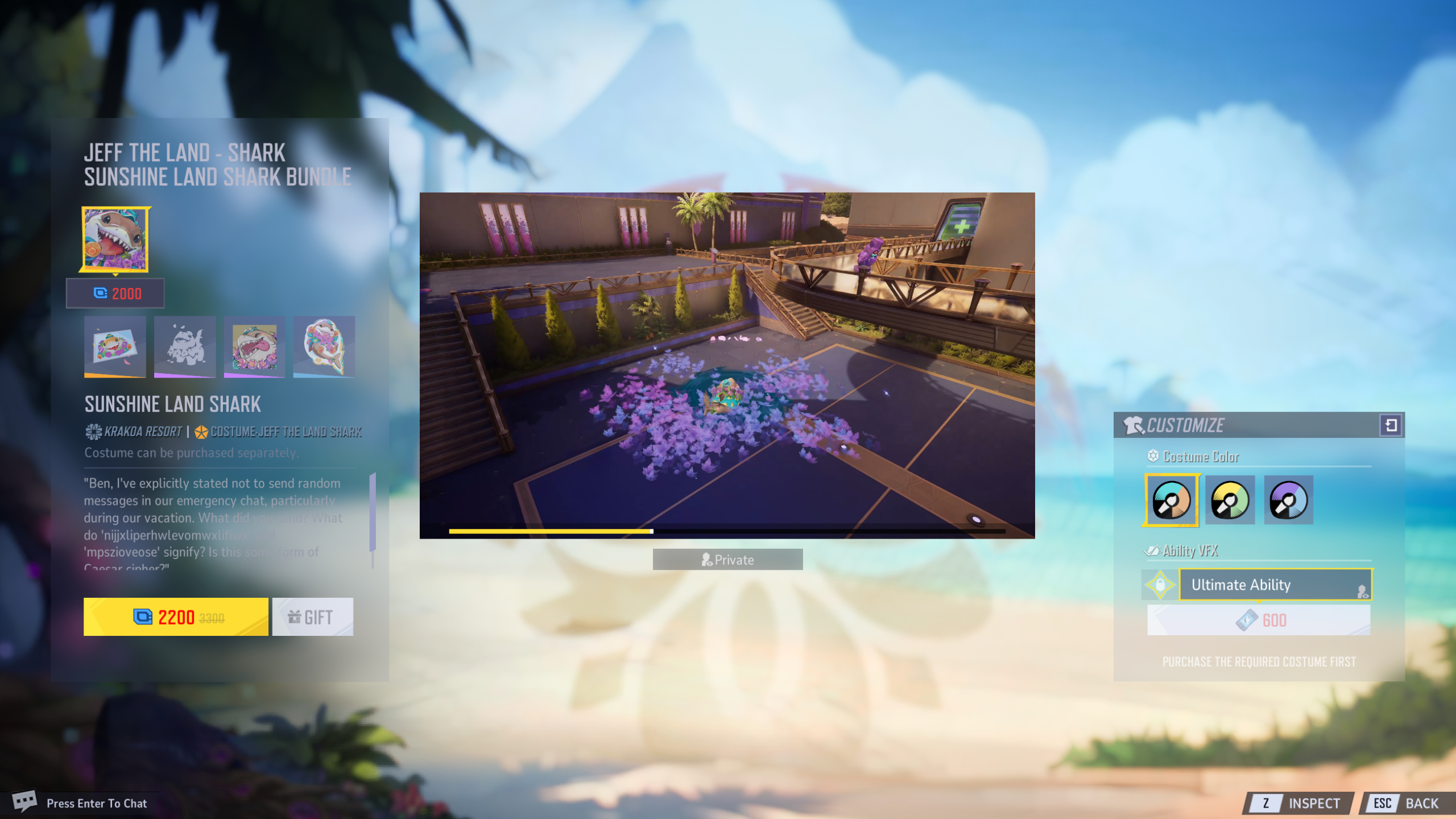 Marvel Rivals ultimate ability VFX customisation: The preview screen for Jeff's Sunshine skin ultimate options.