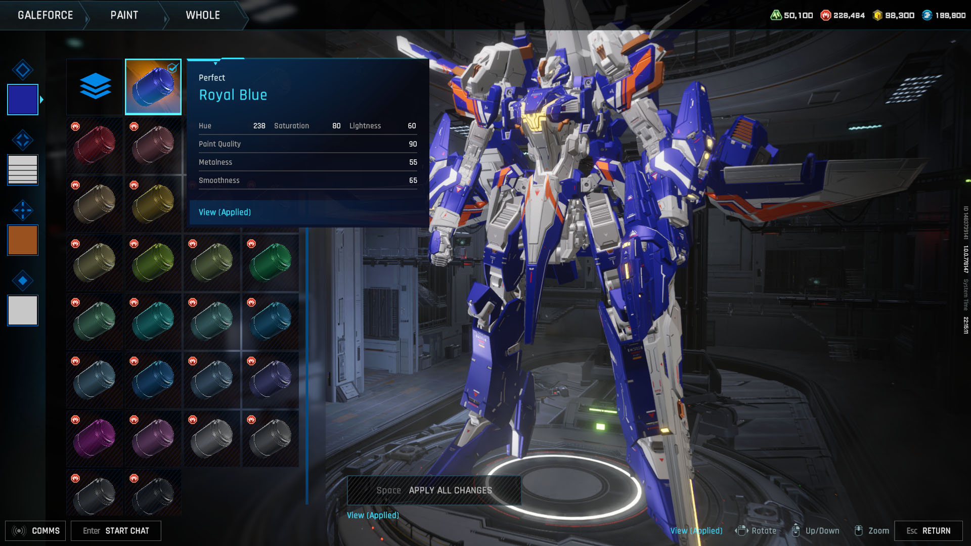 A Mecha Break screenshot showing a mecha painted in blue and the color “Royal Blue” being selected. A Mecha Break screenshot showing a mecha painted in blue and the color “Royal Blue” being selected.