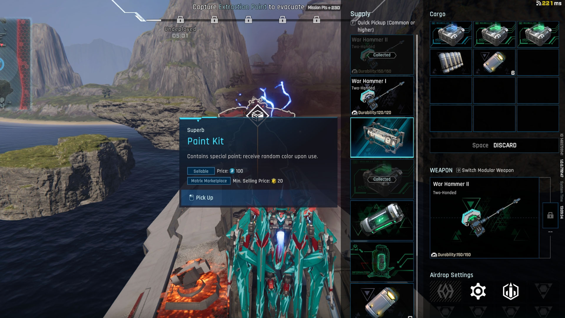 A Mecha Break screenshot showing a mecha in an extraction mission looting an enemy who has a Paint Kit. A Mecha Break screenshot showing a mecha in an extraction mission looting an enemy who has a Paint Kit.