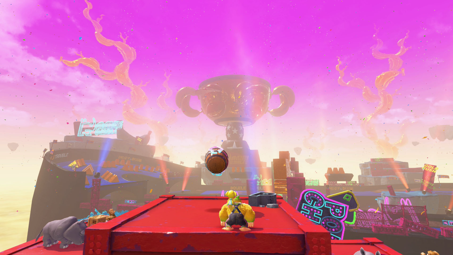 A Donkey Kong Bananza screenshot showing DK and Pauline looking at the giant trophy in the Racing Layer. A Donkey Kong Bananza screenshot showing DK and Pauline looking at the giant trophy in the Racing Layer.