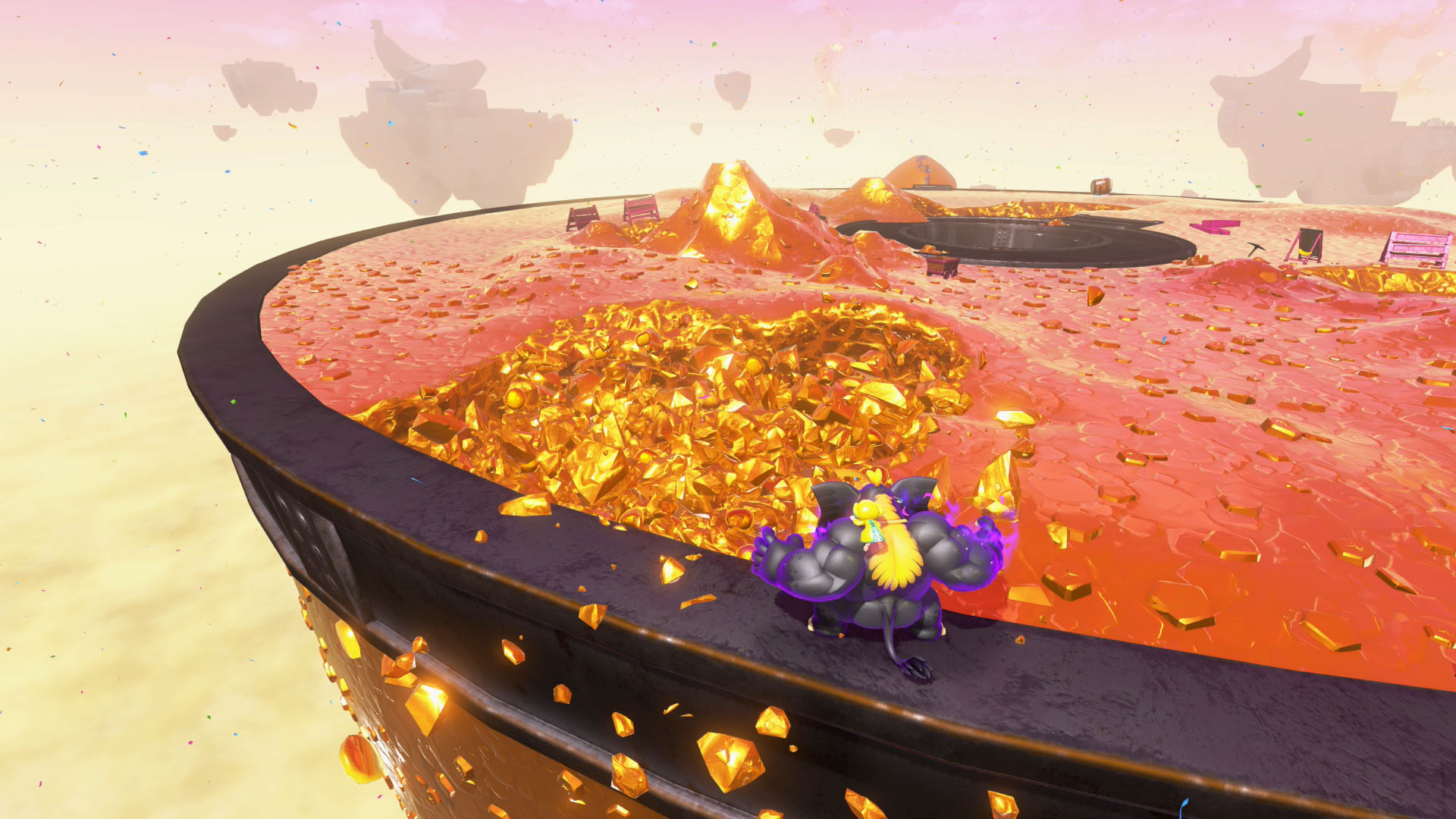 A Doneky Kong Bananza screenshot showing DK transformed into a black elephant sucking up gold from the top of the trophy in Racing Layer. A Doneky Kong Bananza screenshot showing DK transformed into a black elephant sucking up gold from the top of the trophy in Racing Layer.