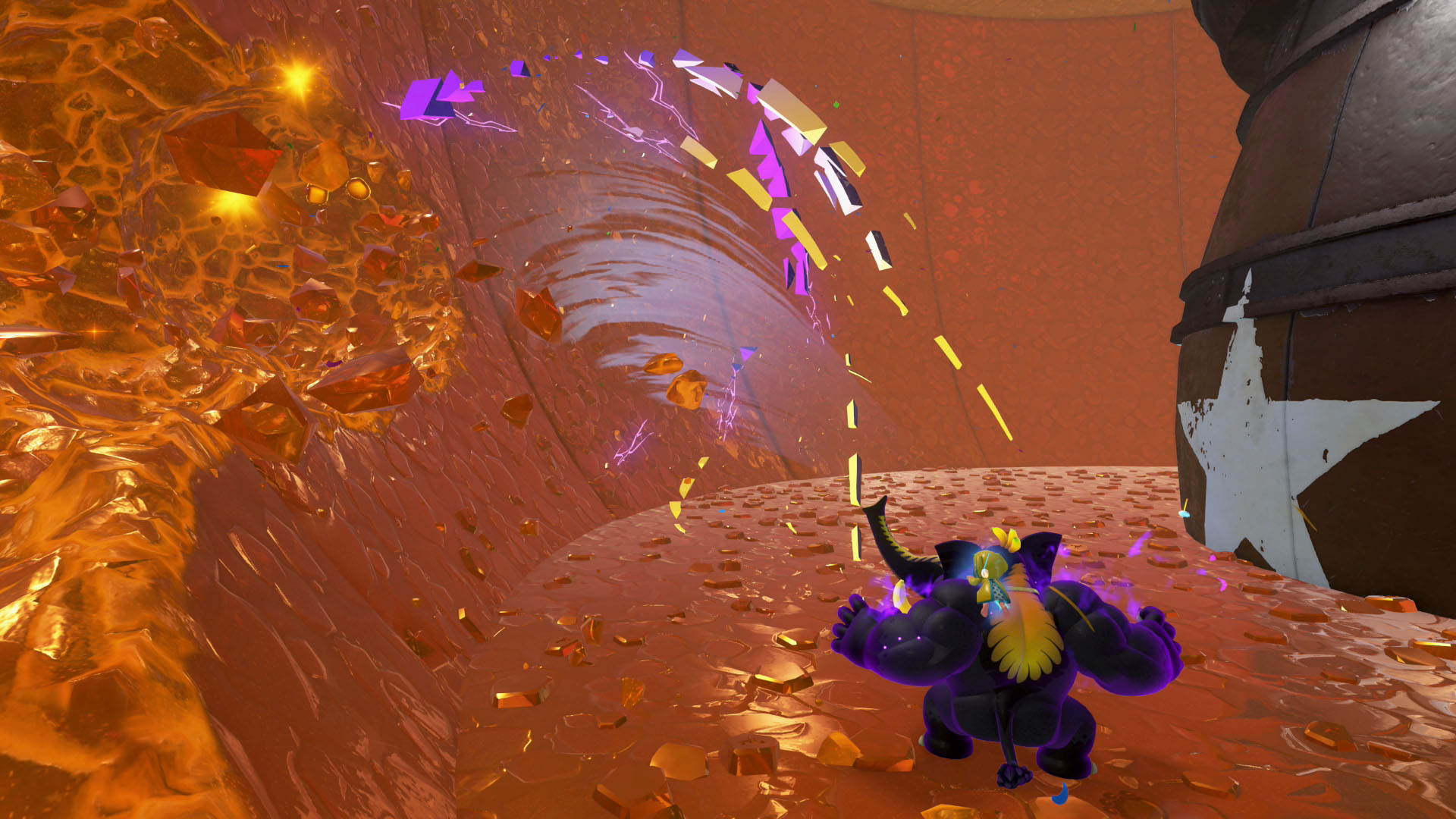 A Donkey Kong Bananza screenshot showing DK transformed into a black elephant sucking gold from the walls around him. A Donkey Kong Bananza screenshot showing DK transformed into a black elephant sucking gold from the walls around him.