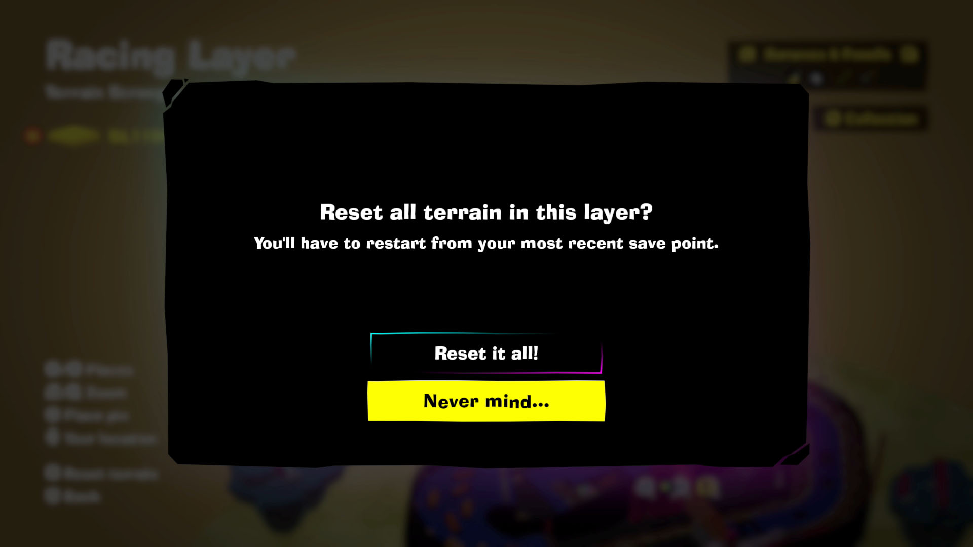 A Donkey Kong Bananza screenshot showing the message that pops up when you use the Reset Terrain command. A Donkey Kong Bananza screenshot showing the message that pops up when you use the Reset Terrain command.