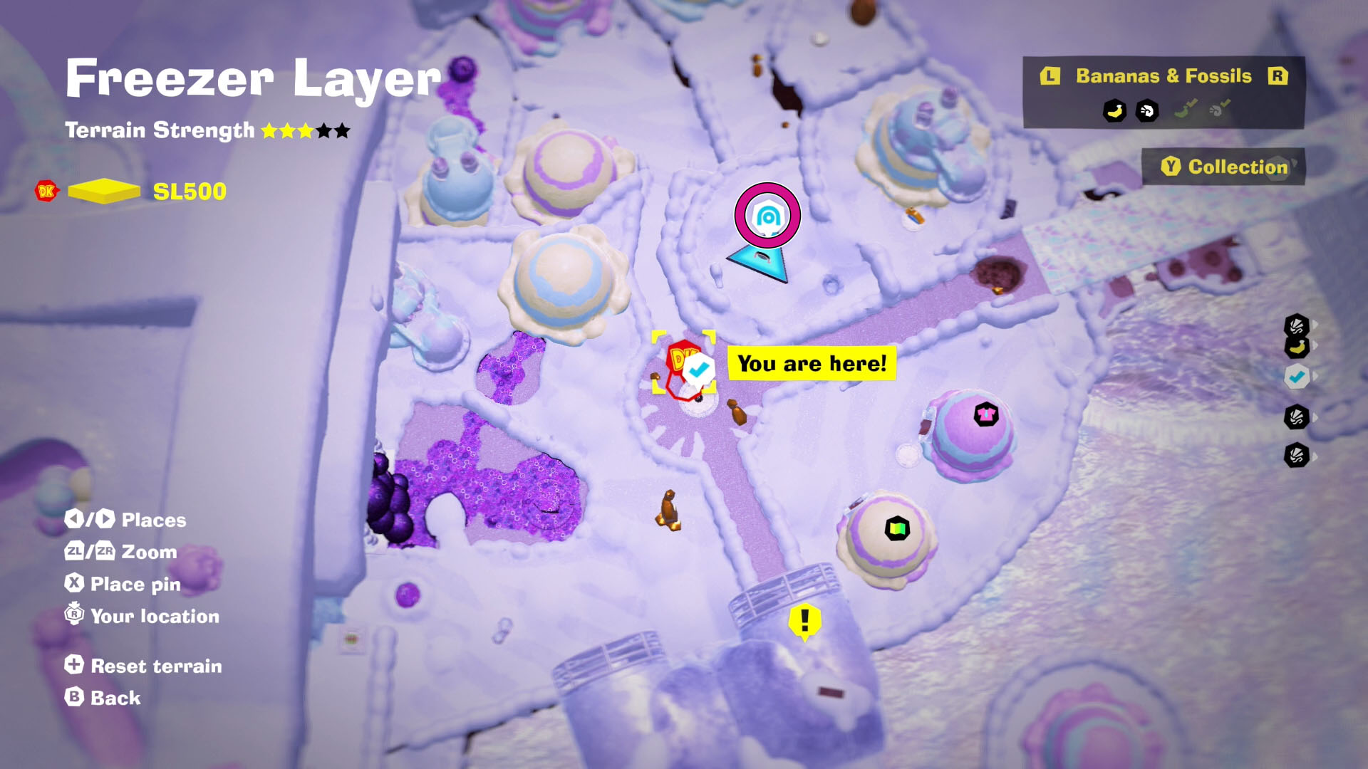 A Donkey Kong Bananza screenshot showing the map of an area in Freezer Layer and the icon of the Warp Gong. A Donkey Kong Bananza screenshot showing the map of an area in Freezer Layer and the icon of the Warp Gong.