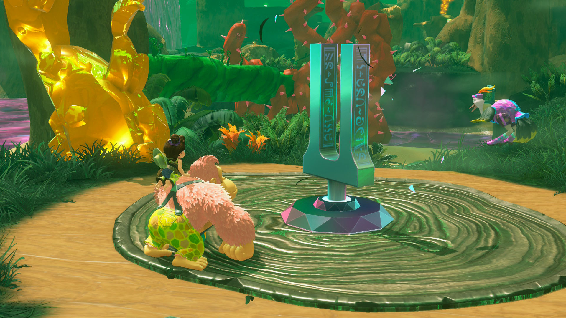 A Donkey Kong Bananza screenshot showing DK and Pauline looking at a tuning fork which works as a checkpoint and teleport point in the game. A Donkey Kong Bananza screenshot showing DK and Pauline looking at a tuning fork which works as a checkpoint and teleport point in the game.