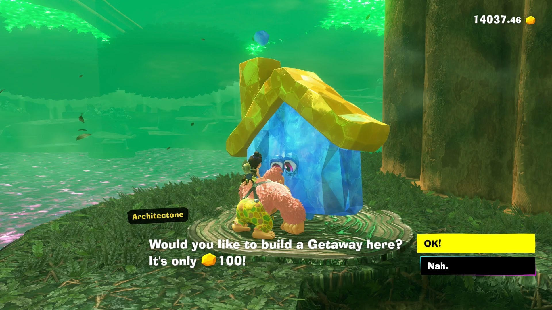 A Donkey Kong Bananza screenshot showing DK and Pauline talking to a Architectone, a NPC who builds Getaways if you pay gold to them. A Donkey Kong Bananza screenshot showing DK and Pauline talking to a Architectone, a NPC who builds Getaways if you pay gold to them.