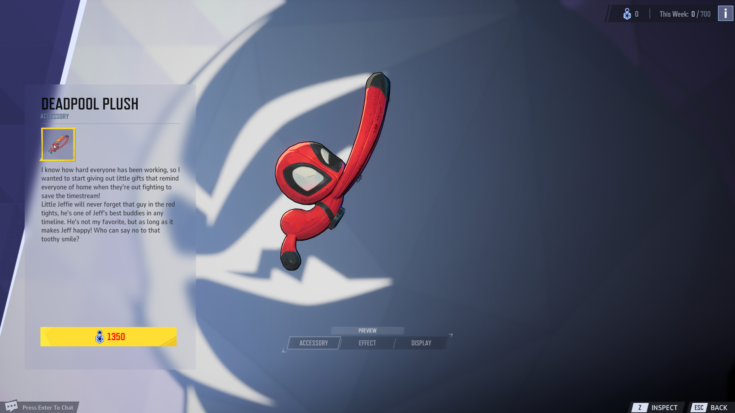 Marvel Rivals accessories: The Deadpool Plush for Jeff the Land Shark in the menu.