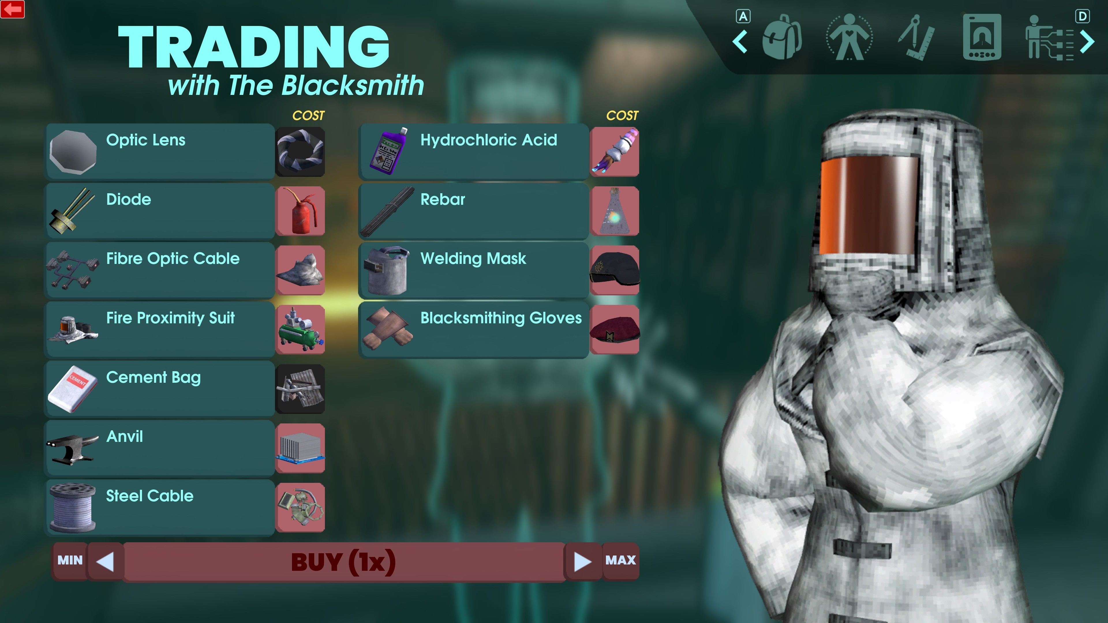 The Blacksmith trader from Abiotic Factor, with every item he offers. The very first item listed is the Optic Lens.