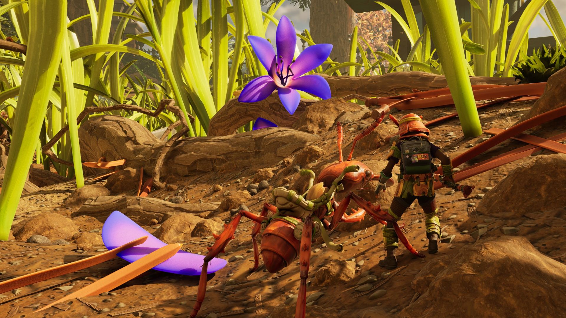 A player character in Grounded 2 with her Red Ant buggy, standing in front of a purple flower.