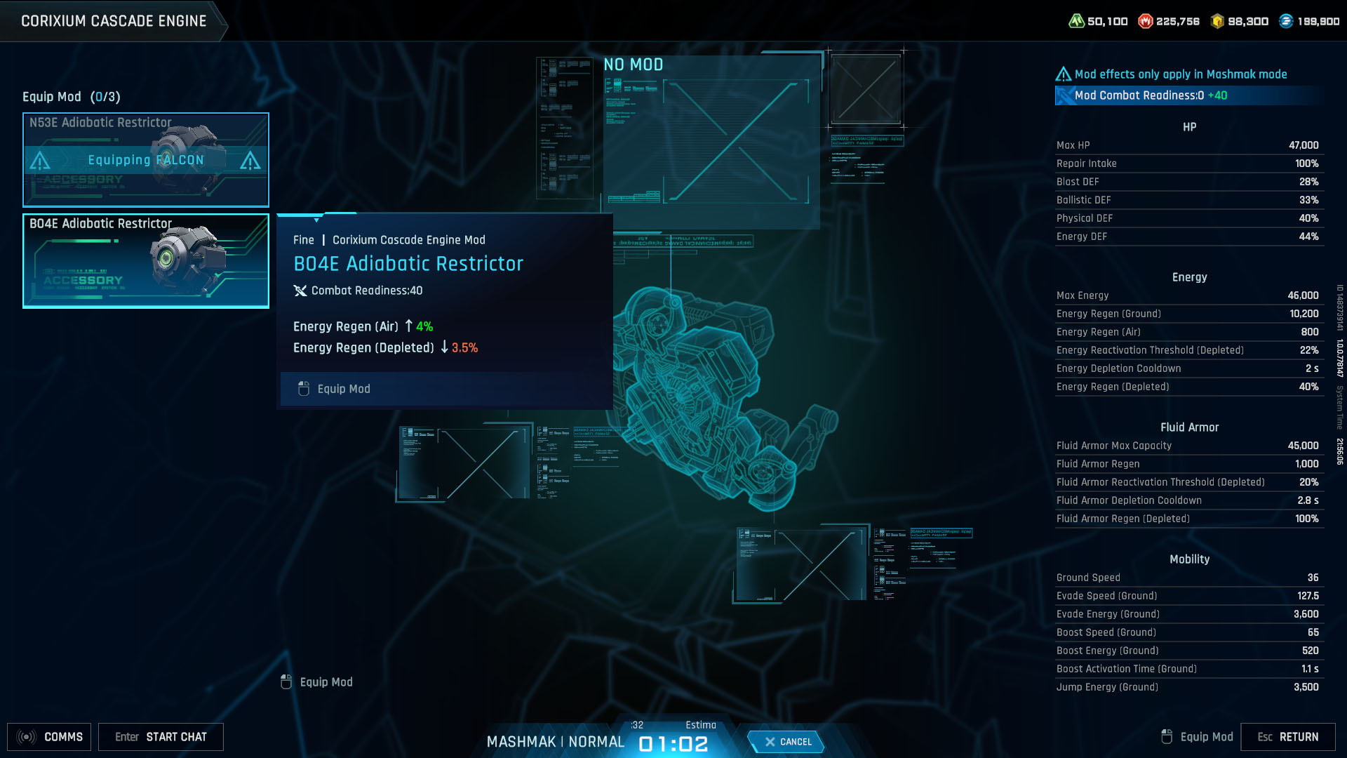 A Mecha Break screenshot showing the mod meny and all the stats of a mecha A Mecha Break screenshot showing the mod meny and all the stats of a mecha