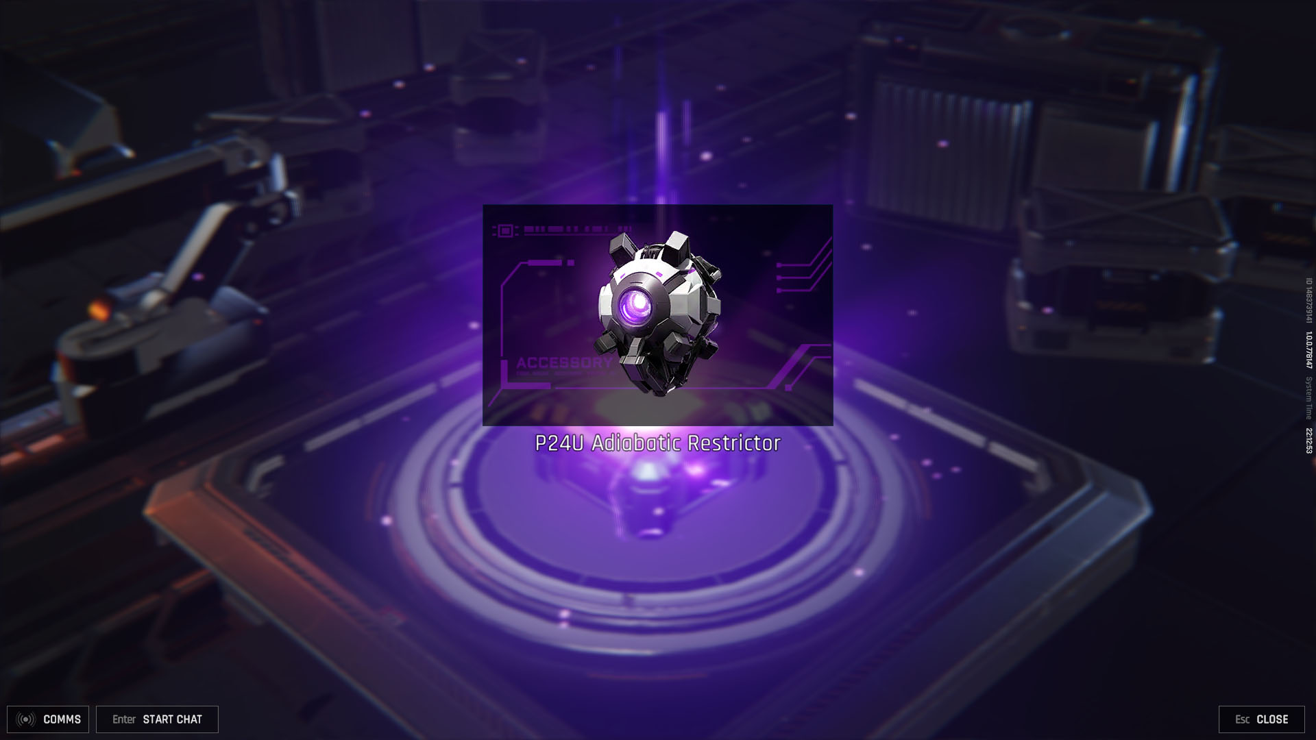 A Mecha Break screenshot showing a mod, an oval object with purple light. A Mecha Break screenshot showing a mod, an oval object with purple light.