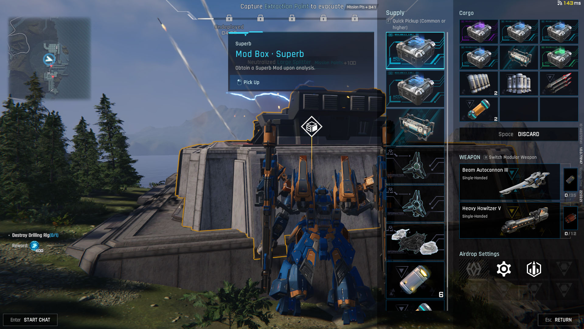 A Mecha Break screenshot showing a mecha looting items from a destroyed cannon. A Mecha Break screenshot showing a mecha looting items from a destroyed cannon.