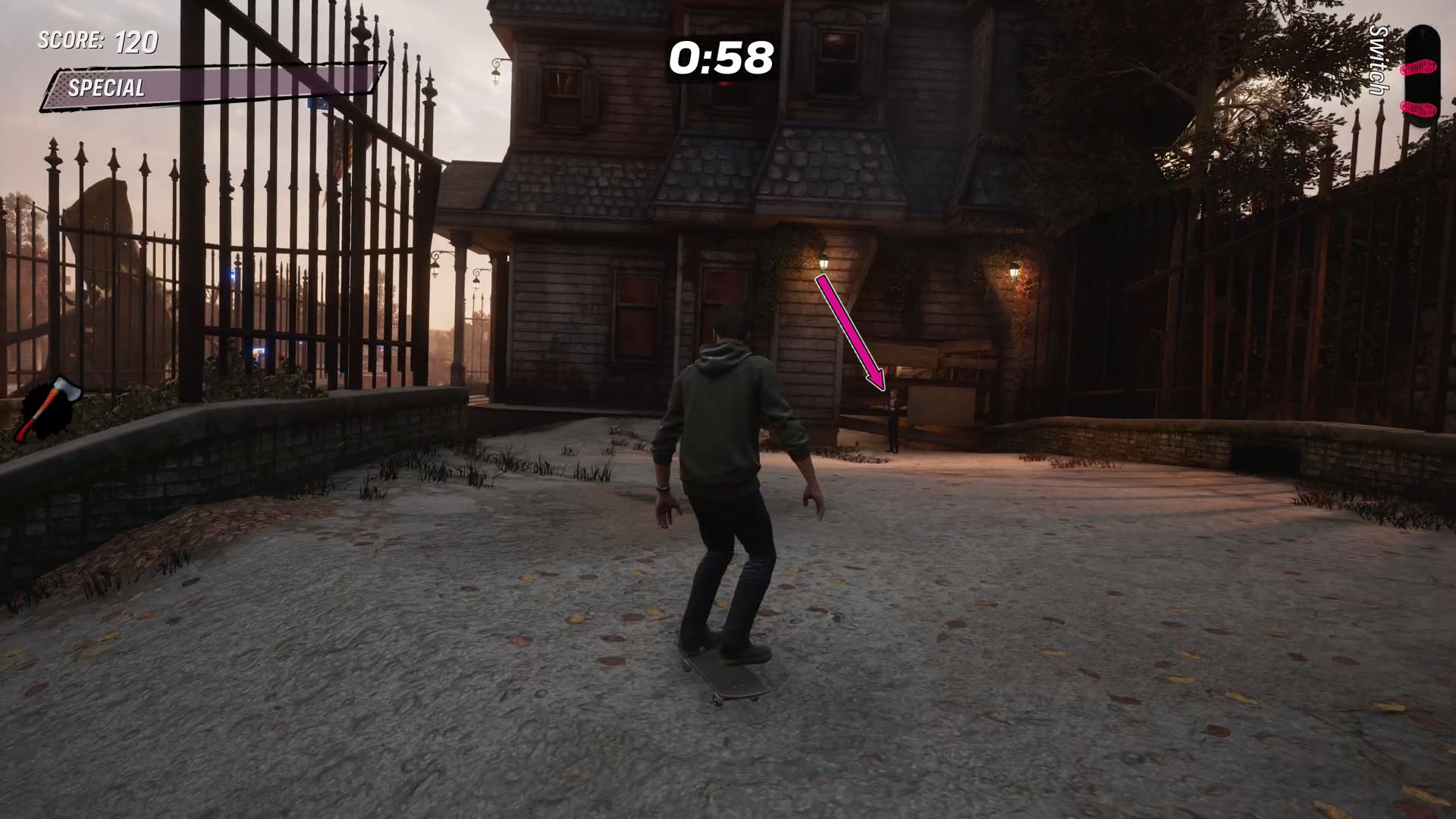 A Tony Hawk’s Pro Skater 3 screenshot showing where you find the Thin Man to deliver the axe he’s been looking for.