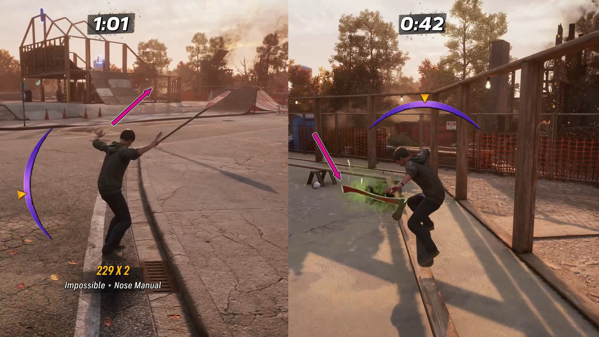 A montage of two Tony Hawk’s Pro Skater 3 screenshots where you can find the axe to complete the “Help the Thin Man” goal.