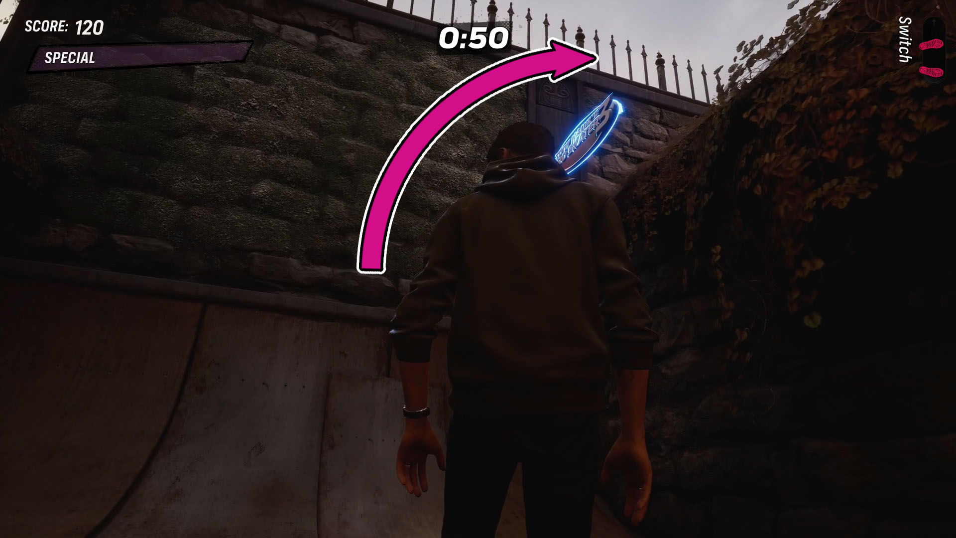 A Tony Hawk’s Pro Skater 3 screenshot showing how to access the secret bowl behind the haunted house.