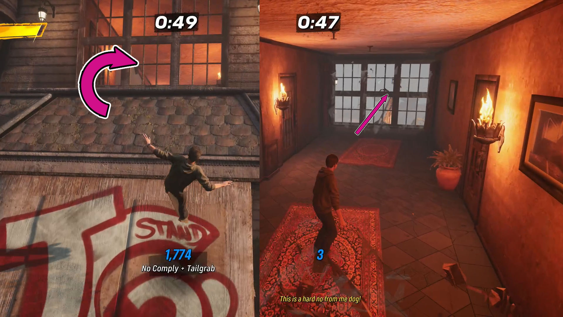 A montage of two Tony Hawk’s Pro Skater 3 screenshots showing the window through which you access the corridor that allows you to collect the secret tape in Suburbia.