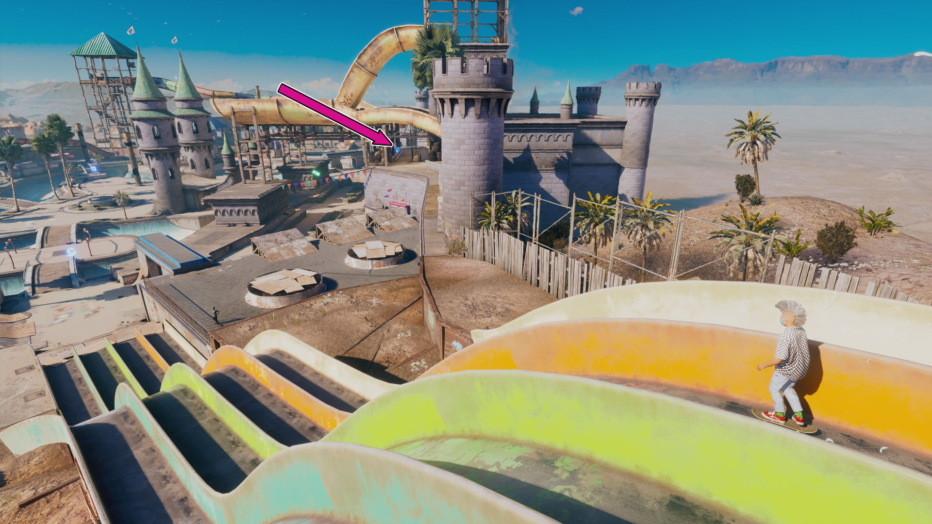 A Tony Hawk’s Pro Skater 4 screenshot showing the character in an abandoned Waterpark A Tony Hawk’s Pro Skater 4 screenshot showing the character in an abandoned Waterpark