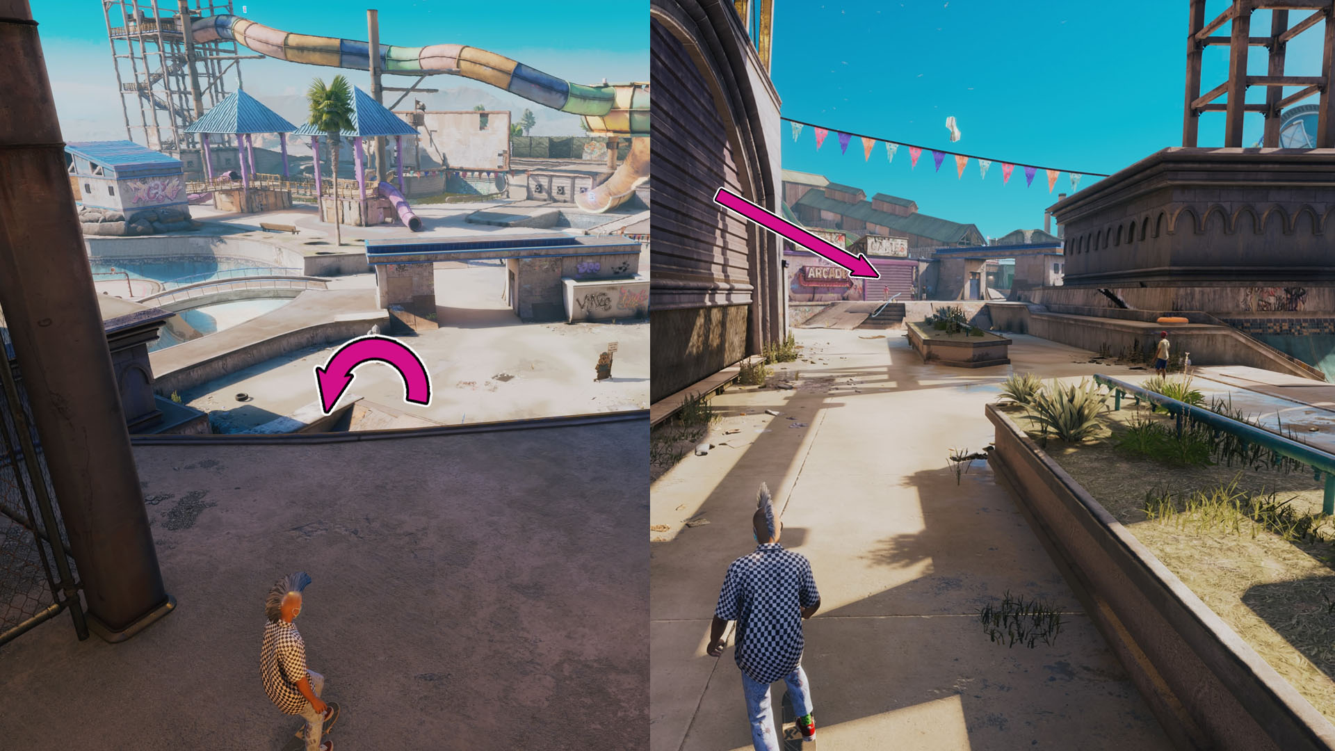 A montage of two Tony Hawk’s Pro Skater 4 screenshots showing the route to find the Arcade in the Waterpark level. A montage of two Tony Hawk’s Pro Skater 4 screenshots showing the route to find the Arcade in the Waterpark level.