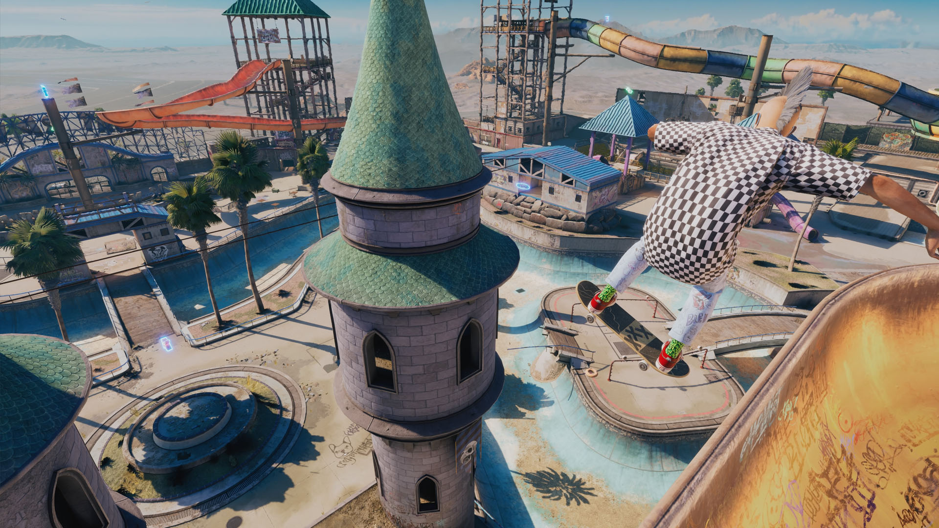 A Tony Hawk’s Pro Skater 4 showing a character jumping from a bowl next to a tower of a castle. A Tony Hawk’s Pro Skater 4 showing a character jumping from a bowl next to a tower of a castle.