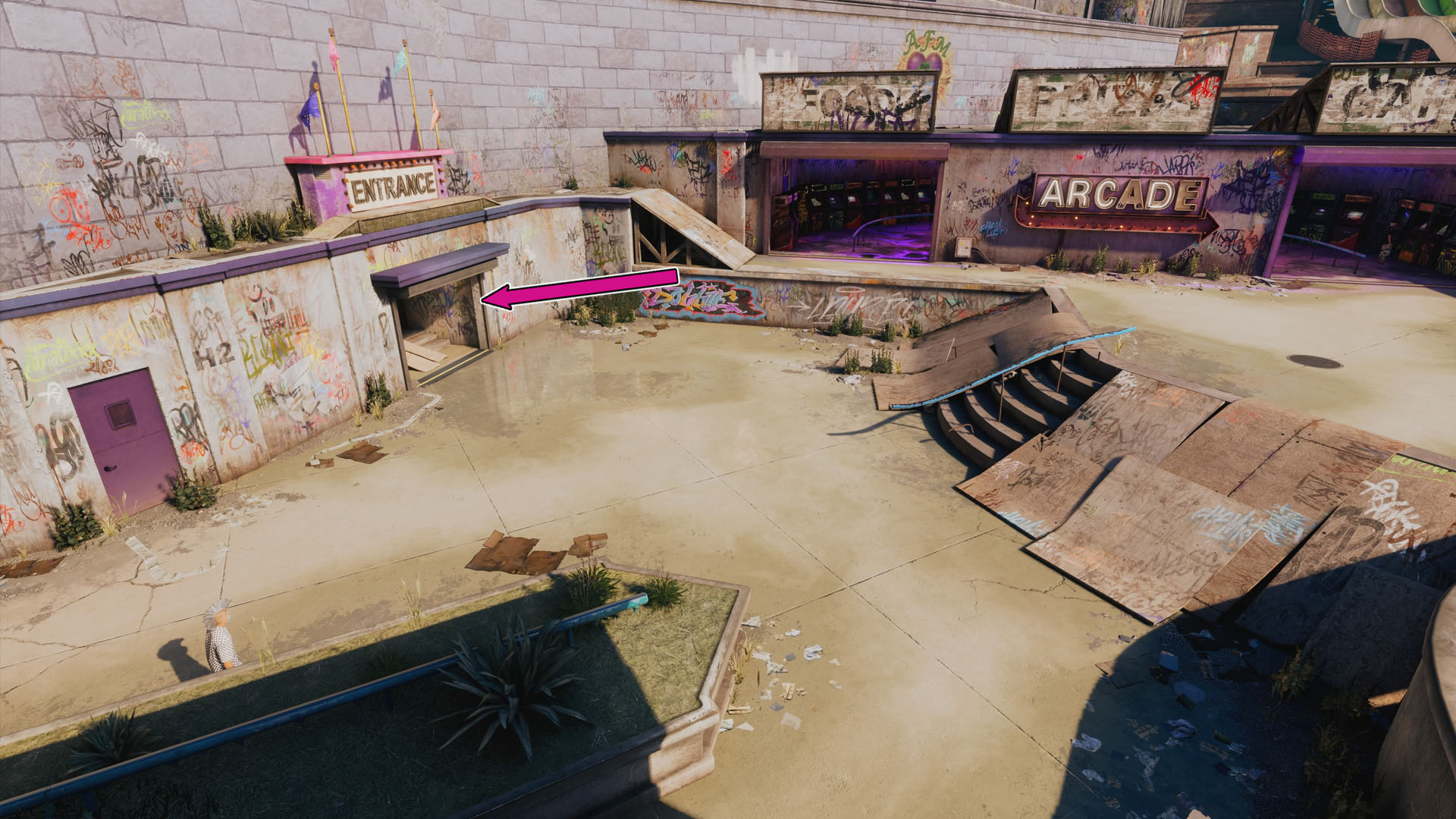 A Tony Hawk’s Pro Skater 4 screenshot showing the location next to the Arcade in the Waterpark level where the Entrance to the castle is located A Tony Hawk’s Pro Skater 4 screenshot showing the location next to the Arcade in the Waterpark level where the Entrance to the castle is located