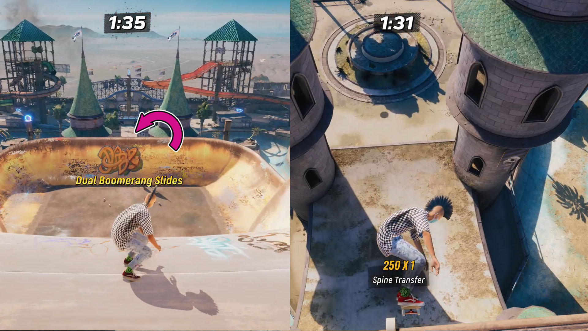 A montage of two Tony Hawk’s Pro Skater 4 screenshots showing the steps players need to go through to hardflip the castle and fountain gap A montage of two Tony Hawk’s Pro Skater 4 screenshots showing the steps players need to go through to hardflip the castle and fountain gap