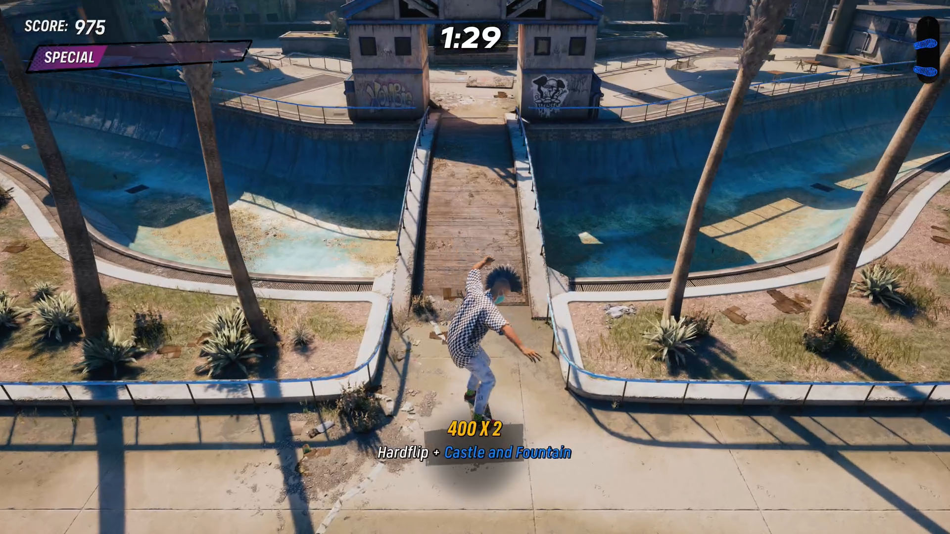 A Tony Hawk’s Pro Skater 4 screenshot showing a character landing a Hardflip+Castle and Fountain combo. A Tony Hawk’s Pro Skater 4 screenshot showing a character landing a Hardflip+Castle and Fountain combo.