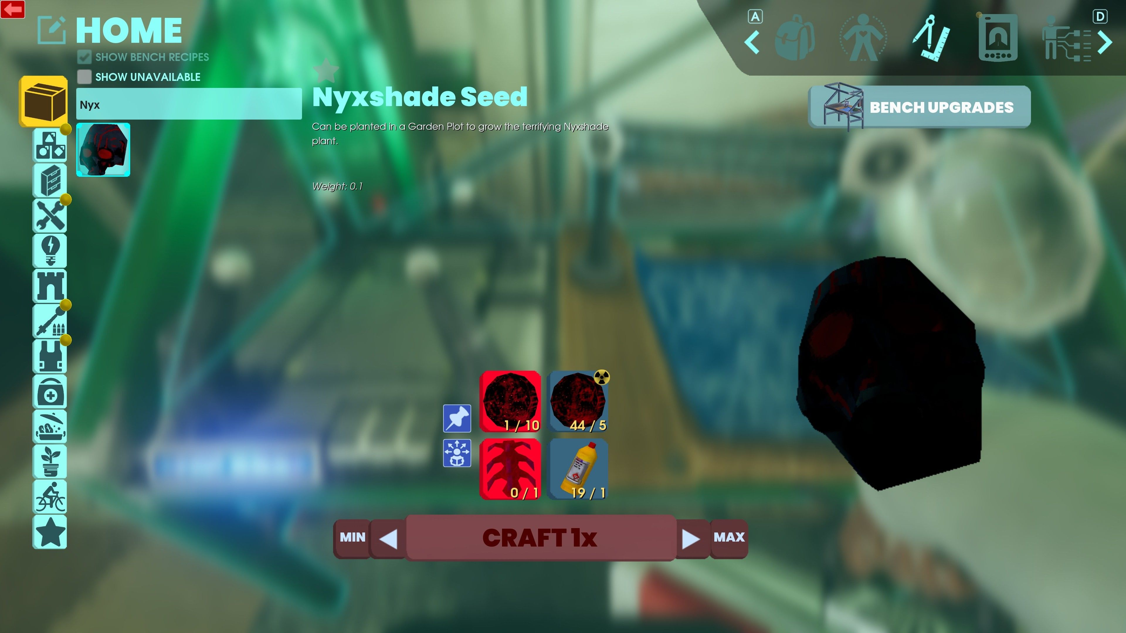 The idea for the Nyxshade Seed in Abiotic Factor. It shows the requirements in the bottom center for a Night Essence, Leyak Essence, Anteverse Wheat Seed, and Enethiol