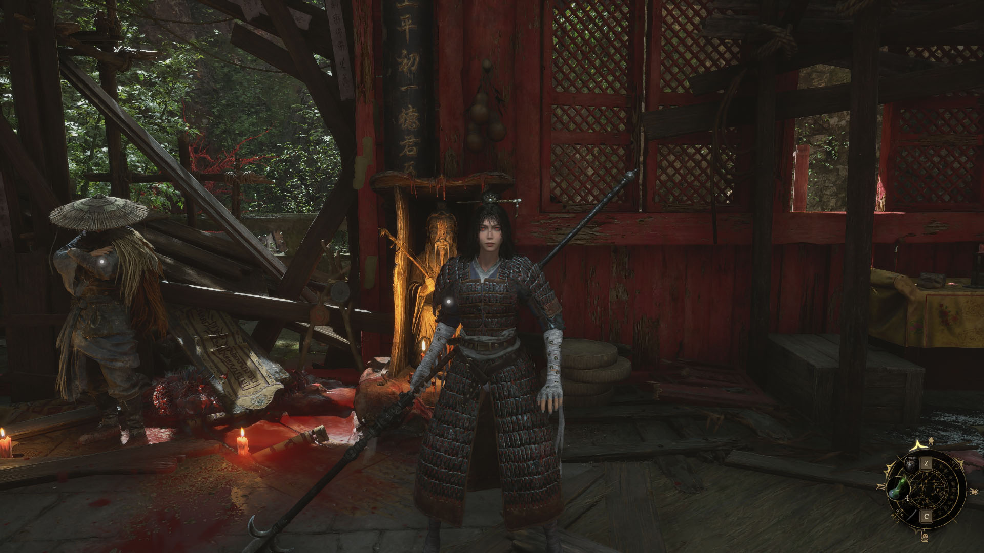 A Wuchang: Fallen Feathers screenshot showing the main character, Wuchang, facing the camera with red glowing eyes. She is beside a shrine. A Wuchang: Fallen Feathers screenshot showing the main character, Wuchang, facing the camera with red glowing eyes. She is beside a shrine.