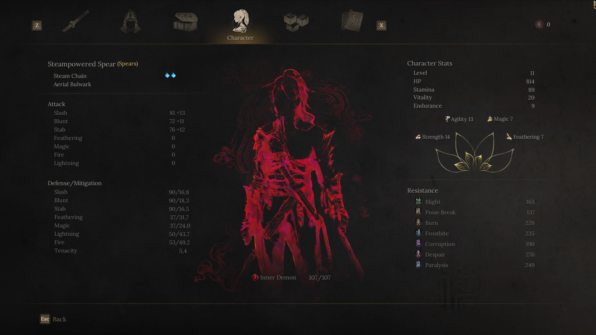 A Wuchang: Fallen Feathers screenshot showing the character menu. In it, you can see the silhouette of Wuchang in red, representing the level of Madness she is. There are some stats described in other sections of the screen, like Attack, Defense, Resistance, and other stats. A Wuchang: Fallen Feathers screenshot showing the character menu. In it, you can see the silhouette of Wuchang in red, representing the level of Madness she is. There are some stats described in other sections of the screen, like Attack, Defense, Resistance, and other stats.