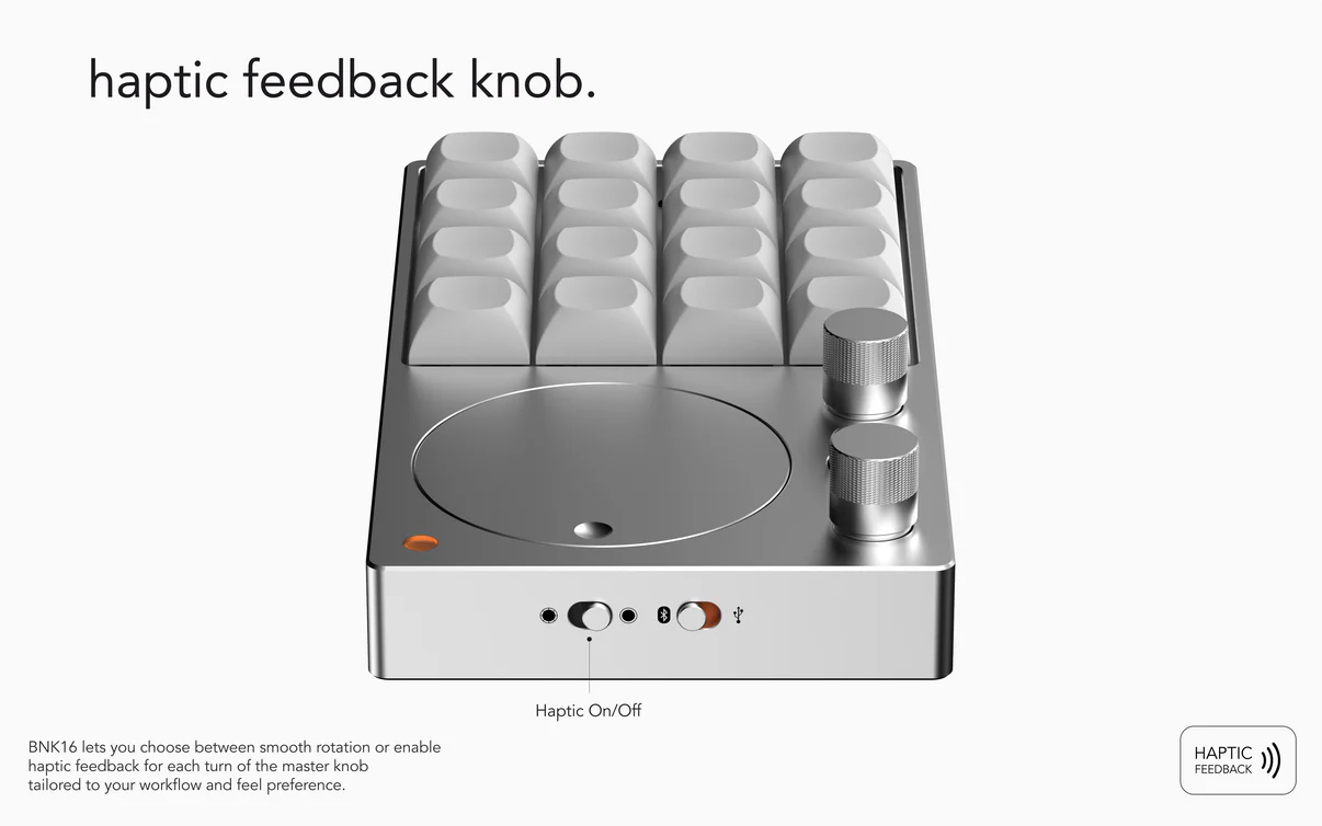 The various buttons, dials, and knobs on the Binepad BNK16